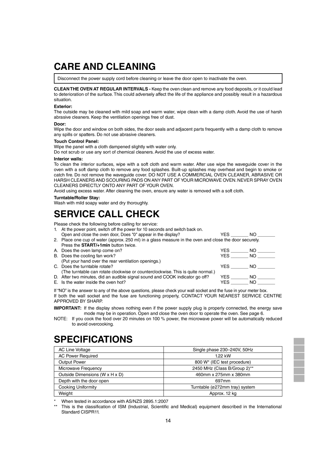 Sharp R-291Z (ST) operation manual Care and Cleaning, Service Call Check, Specifications 