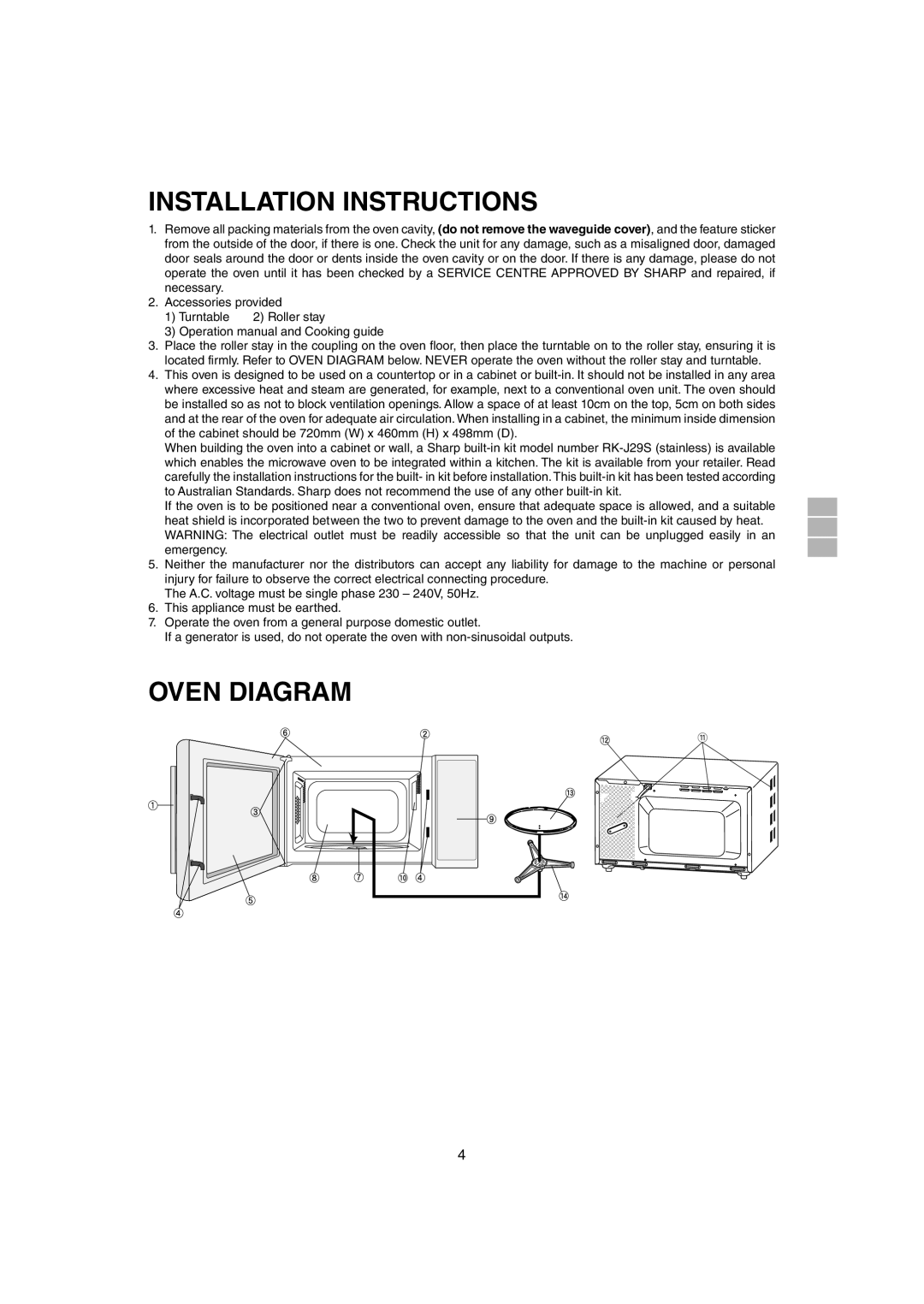 Sharp R-291Z (ST) operation manual Installation Instructions, Oven Diagram 