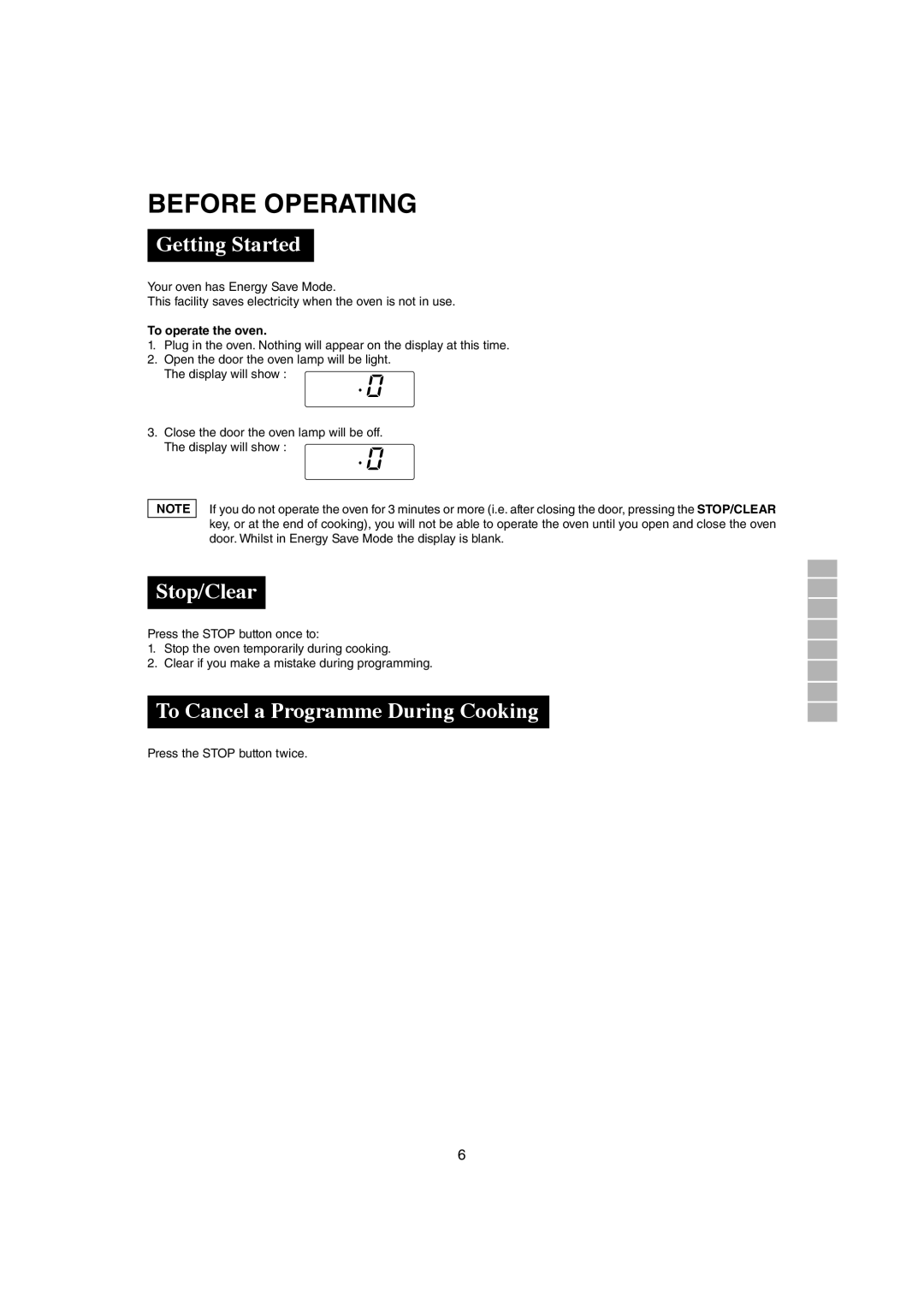 Sharp R-291Z (ST) Before Operating, Getting Started, Stop/Clear, To Cancel a Programme During Cooking, To operate the oven 