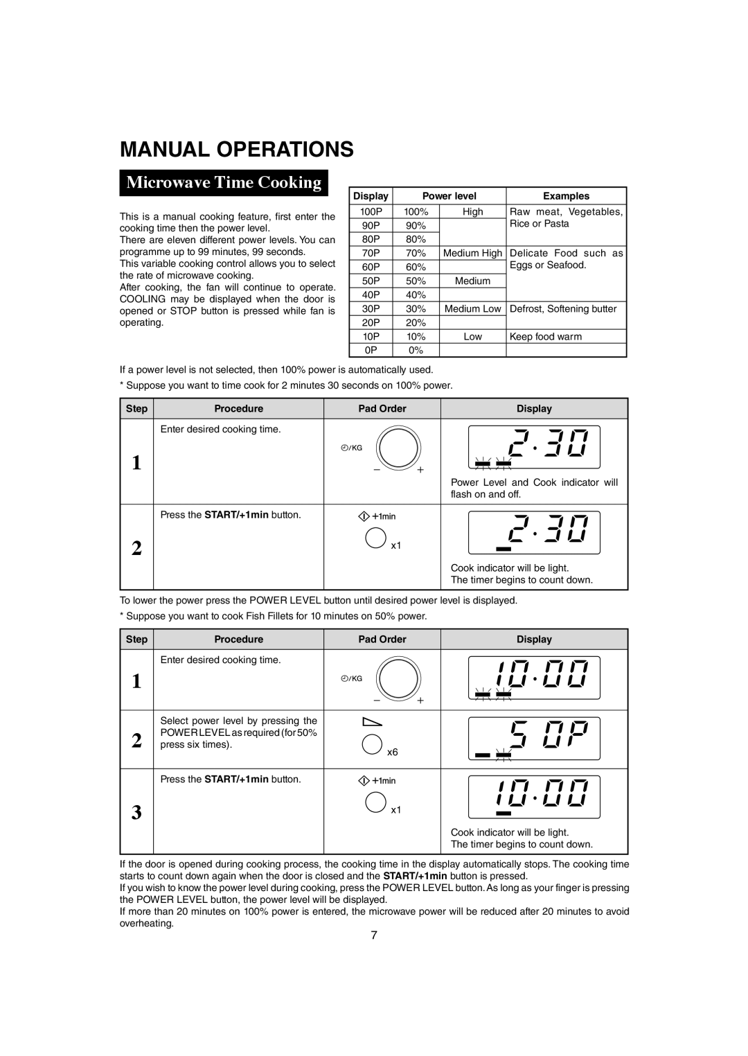 Sharp R-291Z (ST) operation manual Manual Operations, Microwave Time Cooking, Display Power level Examples 