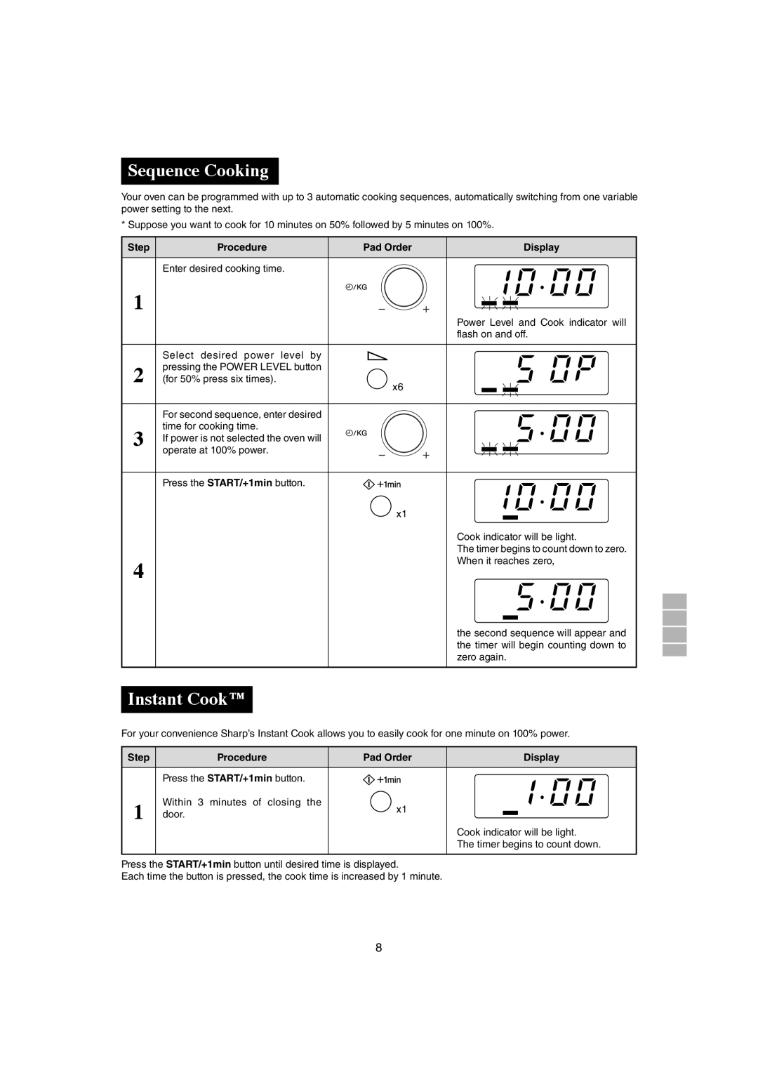 Sharp R-291Z (ST) operation manual Sequence Cooking, Instant Cook, Step Procedure Pad Order 