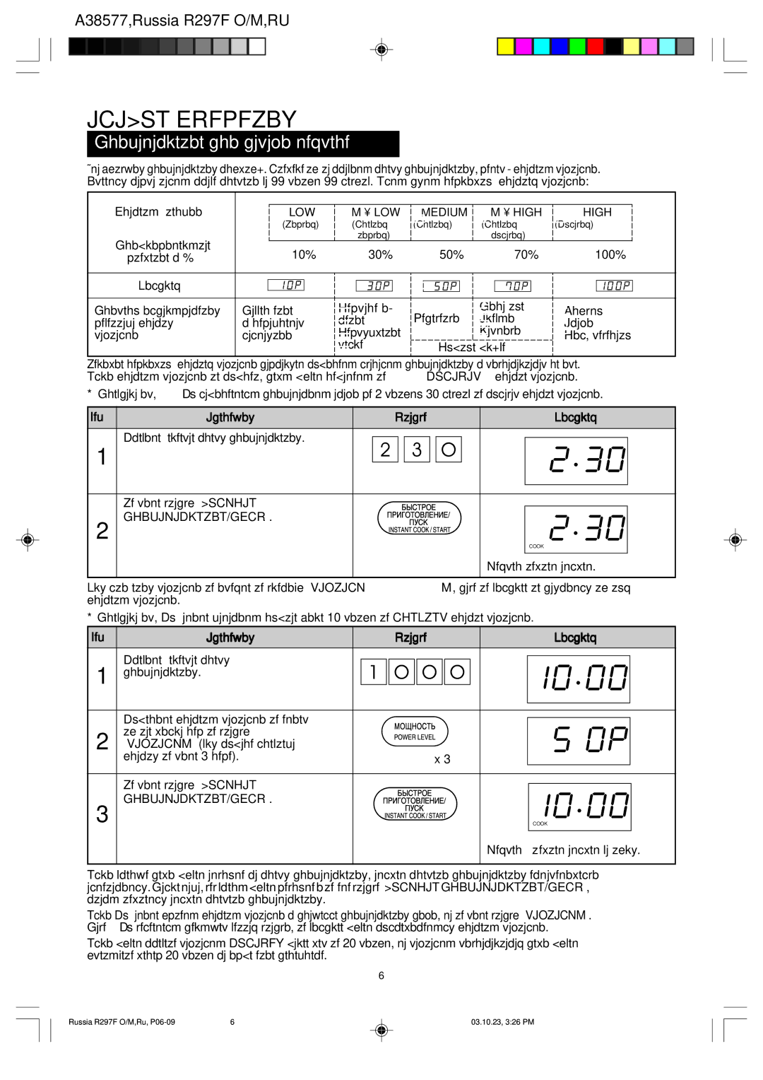 Sharp R-297F operation manual Ghbujnjdktzbt ghb gjvjob nfqvthf, Ghbujnjdktzbt/Gecr 