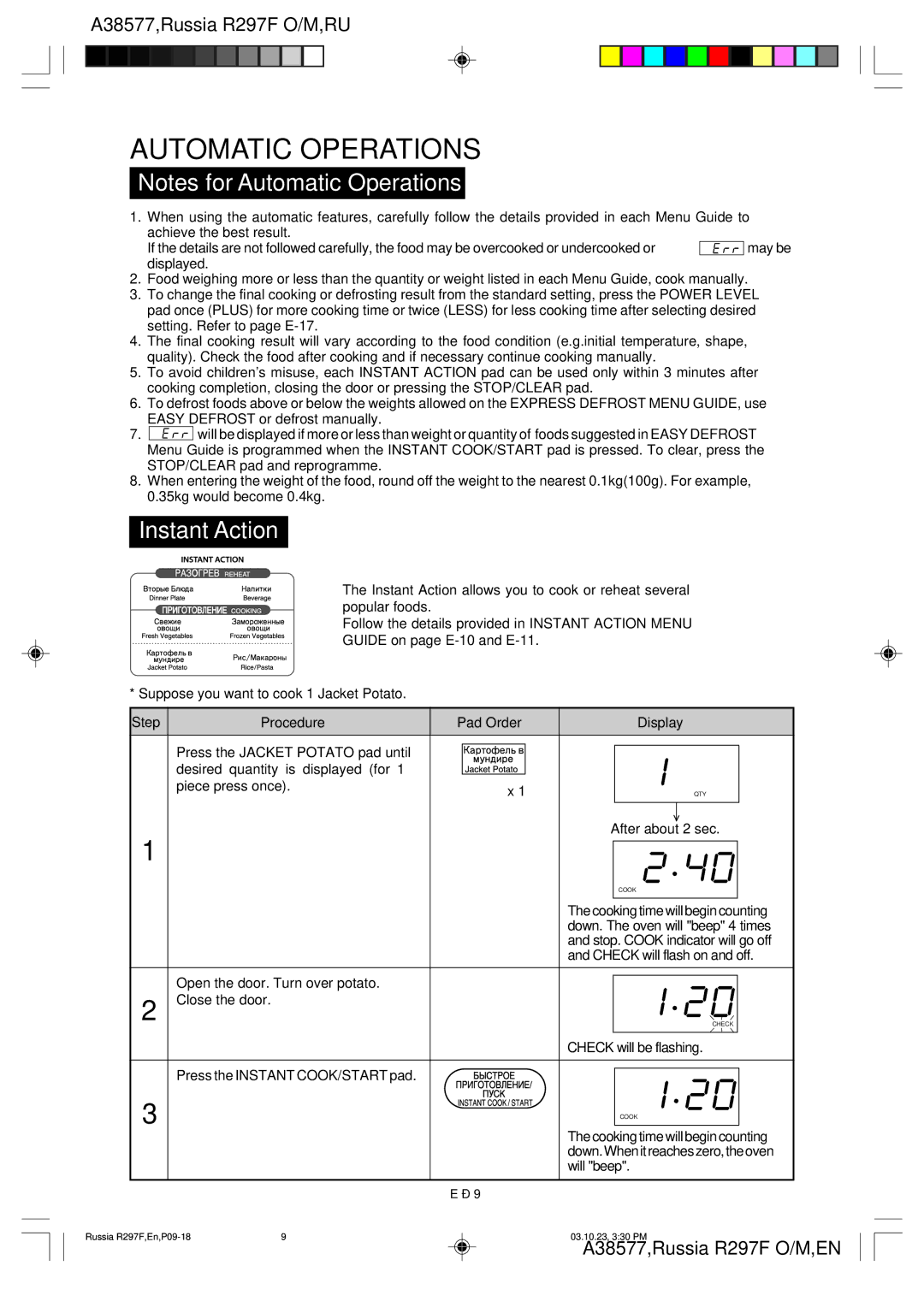 Sharp R-297F operation manual Automatic Operations, Instant Action 