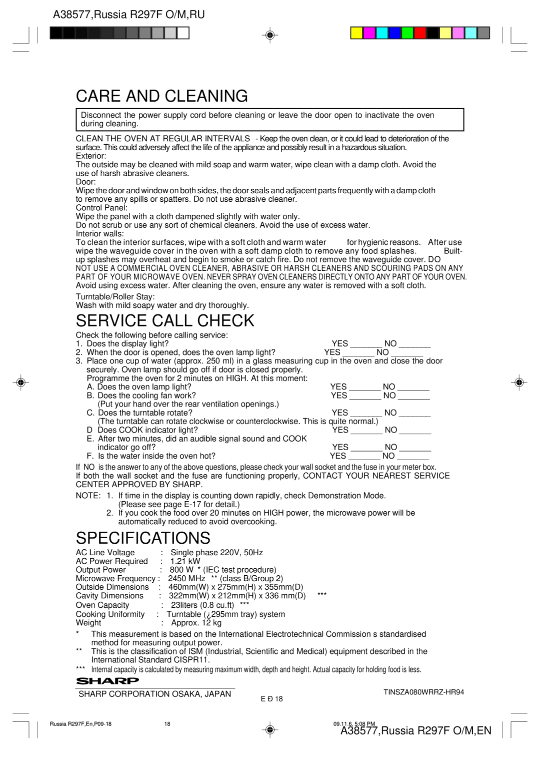 Sharp R-297F operation manual Care and Cleaning, Service Call Check, Specifications 