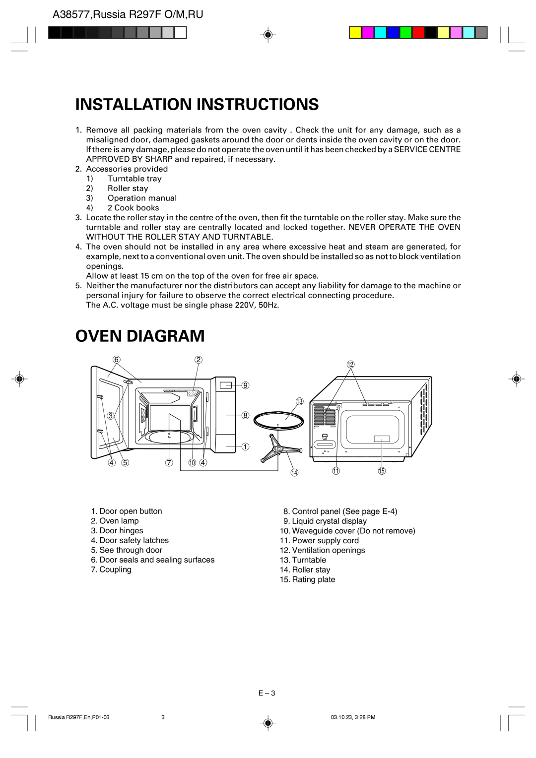 Sharp R-297F operation manual Installation Instructions, Oven Diagram, A38577,Russia R297F O/M,RU 