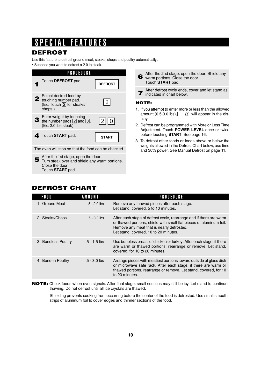 Sharp R-305HK, R-308H, R-305H, HW operation manual E C I a L F E a T U R E S, Defrost Chart 