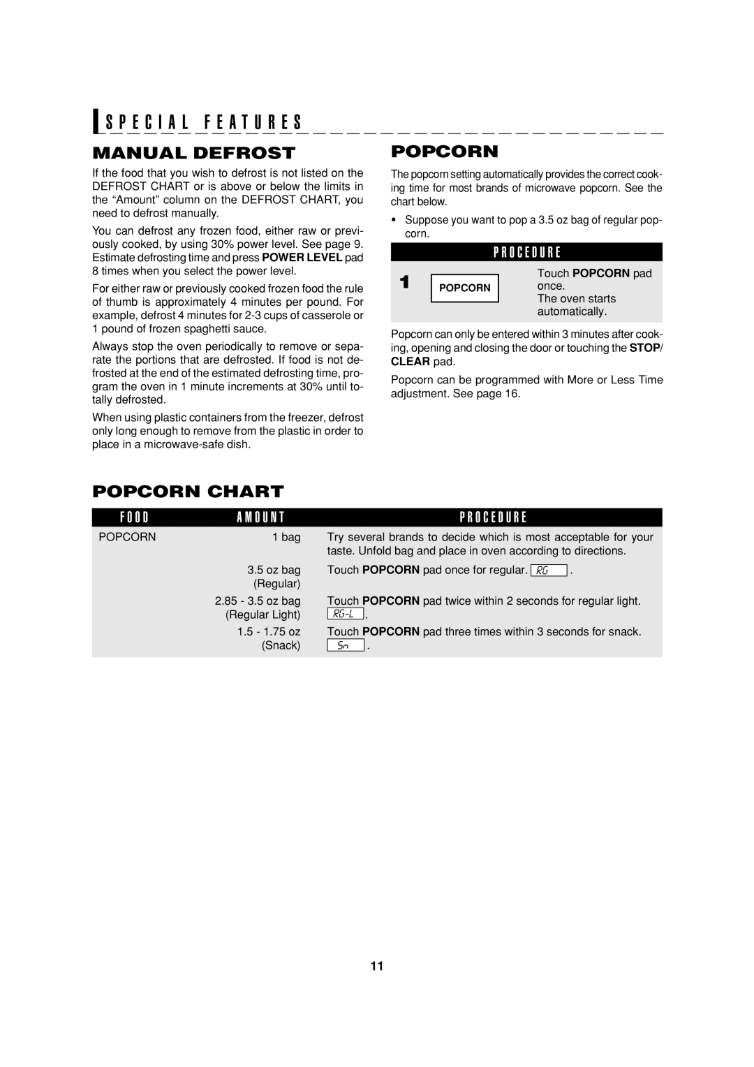 Sharp R-308H, R-305H, R-305HK, HW operation manual Manual Defrost, Popcorn Chart 