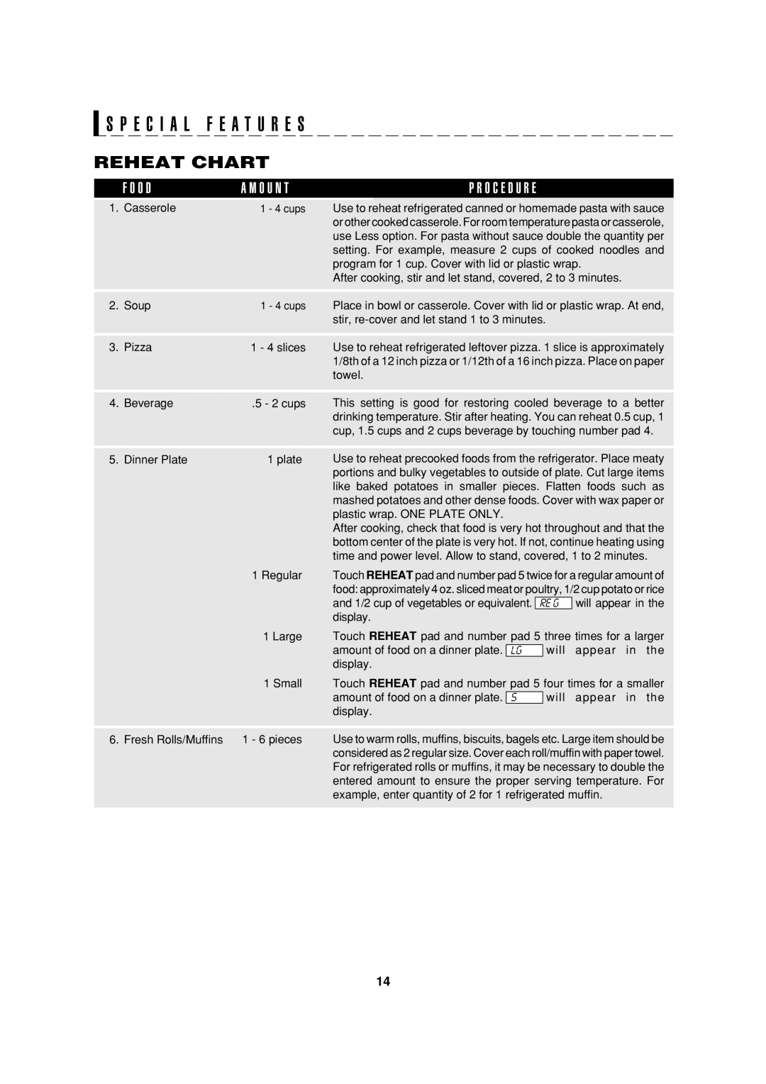 Sharp R-308H, R-305H, R-305HK Reheat Chart, Casserole, Setting. For example, measure 2 cups of cooked noodles, Will appear 