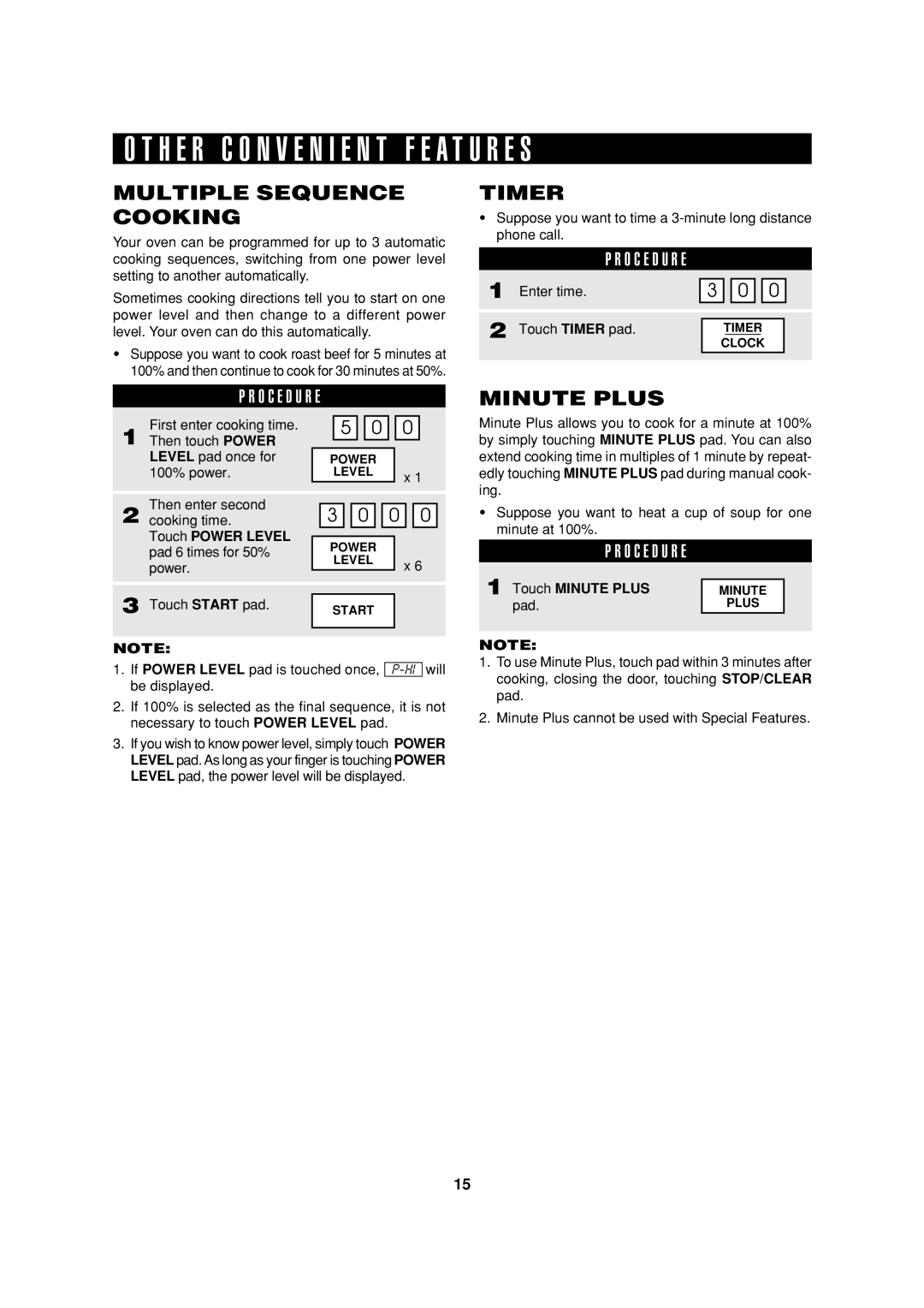 Sharp HW, R-305HK, R-308H, R-305H H E R C O N V E N I E N T F E a T U R E S, Multiple Sequence Cooking, Timer, Minute Plus 