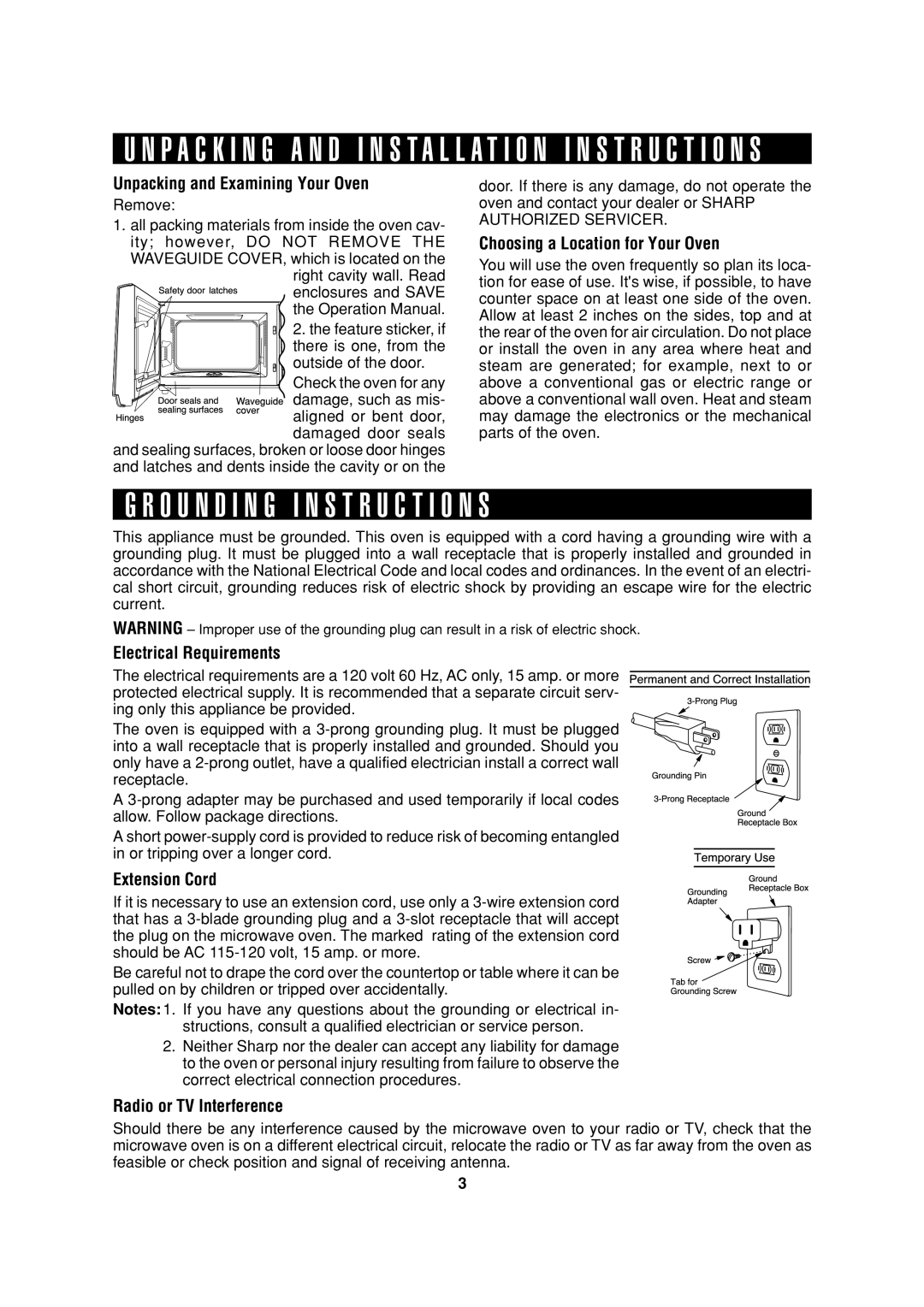 Sharp HW, R-305HK O U N D I N G I N S T R U C T I O N S, P a C K I N G a N D Installation I N S T R U C T I O N S 