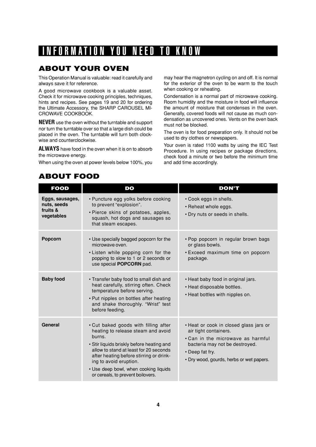 Sharp R-305HK, R-308H, R-305H, HW operation manual About Your Oven, About Food 