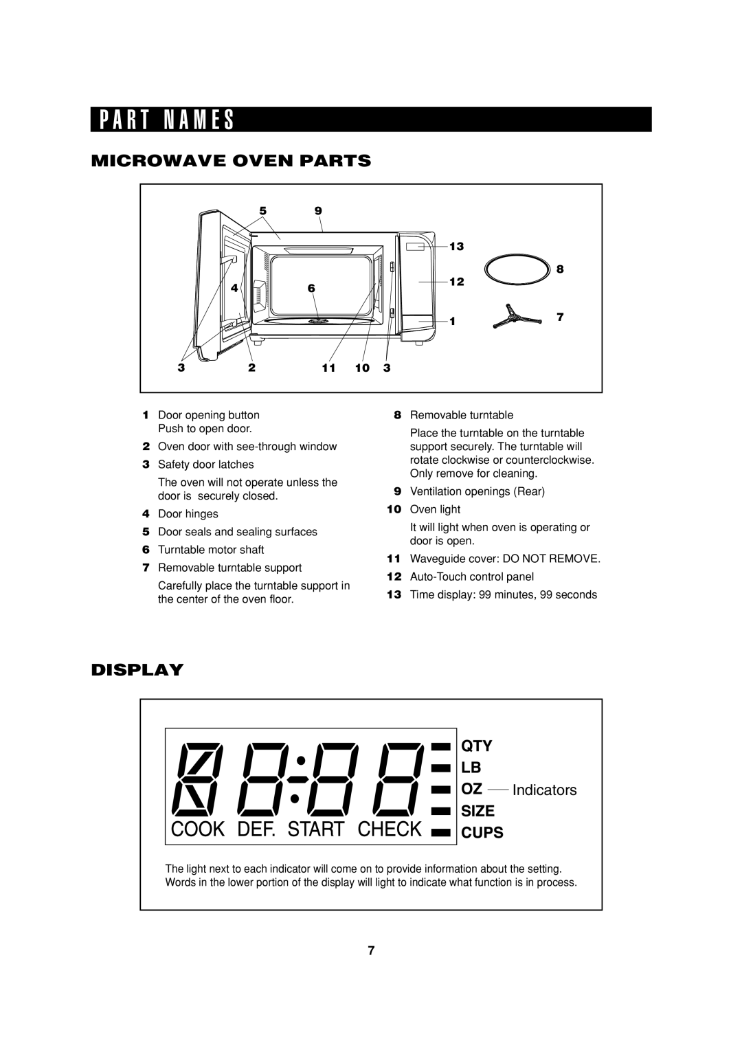 Sharp R-305HK, R-308H, R-305H, HW operation manual R T N a M E S, Microwave Oven Parts, Display 