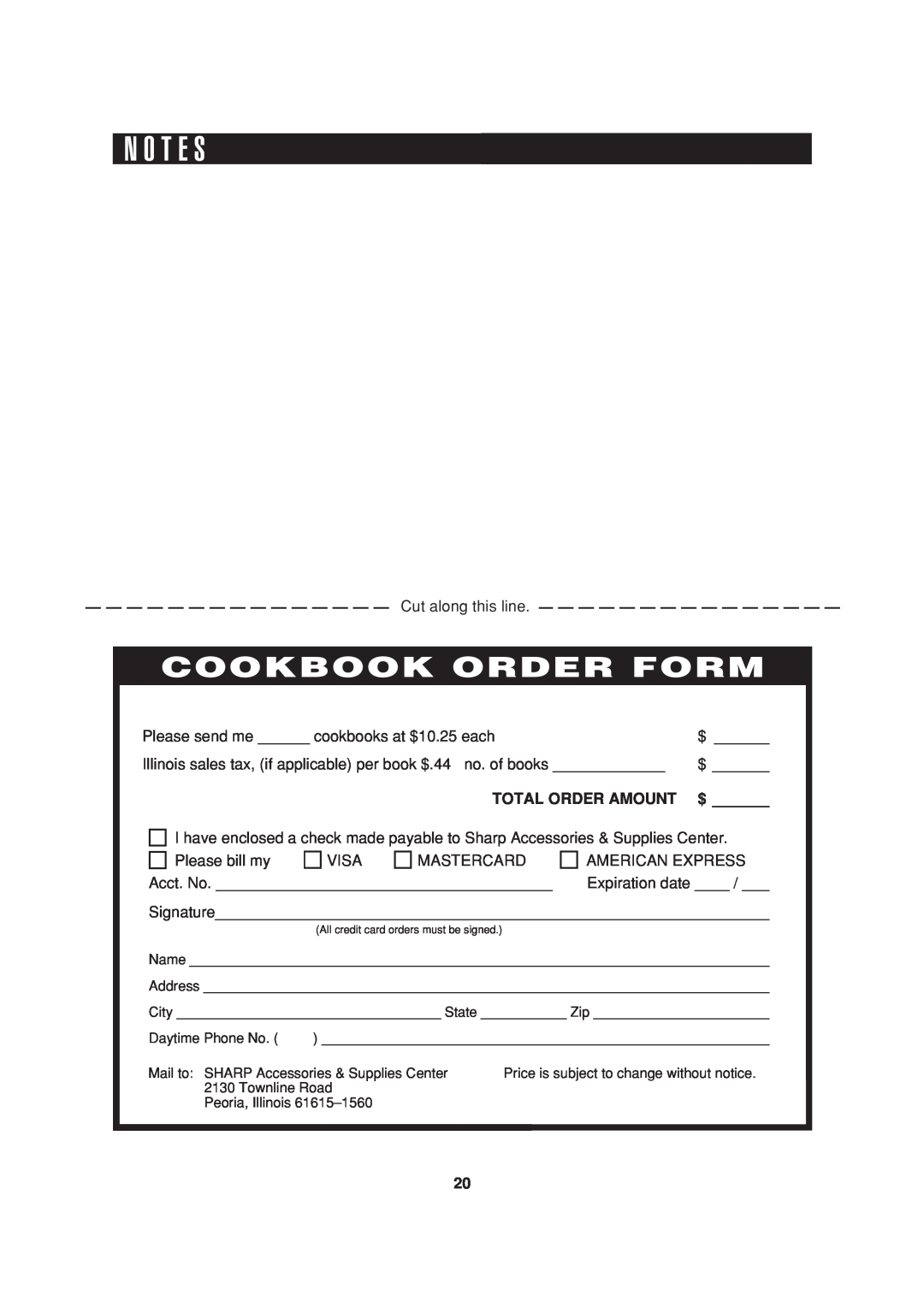 Sharp R-308H, R-305H, R-305HK, HW operation manual N O T E S, Cookbook Order Form, Total Order Amount, $ 