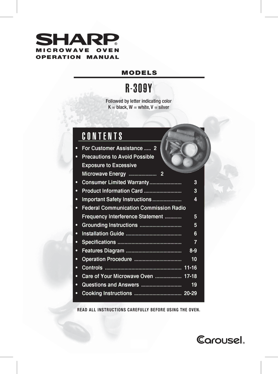 Sharp R-309YK, R-309YW, R-309YV warranty N T E N T S, Models 