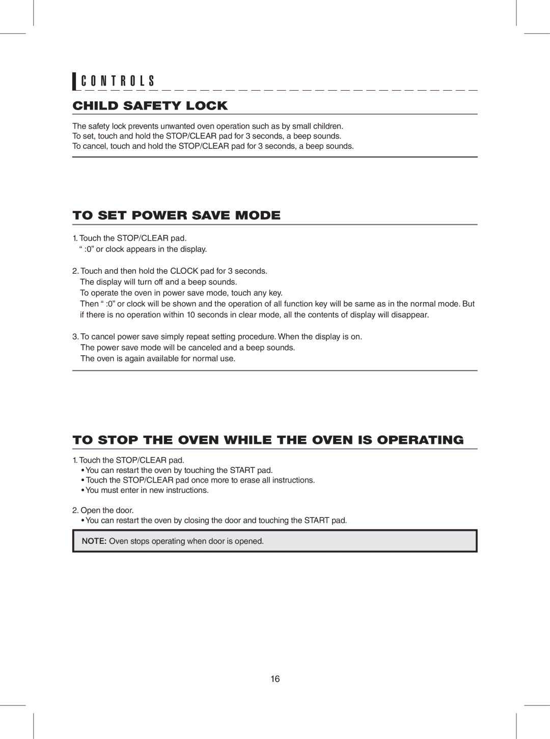 Sharp R-309YK, R-309YW, R-309YV Child Safety Lock, To SET Power Save Mode, To Stop the Oven While the Oven is Operating 