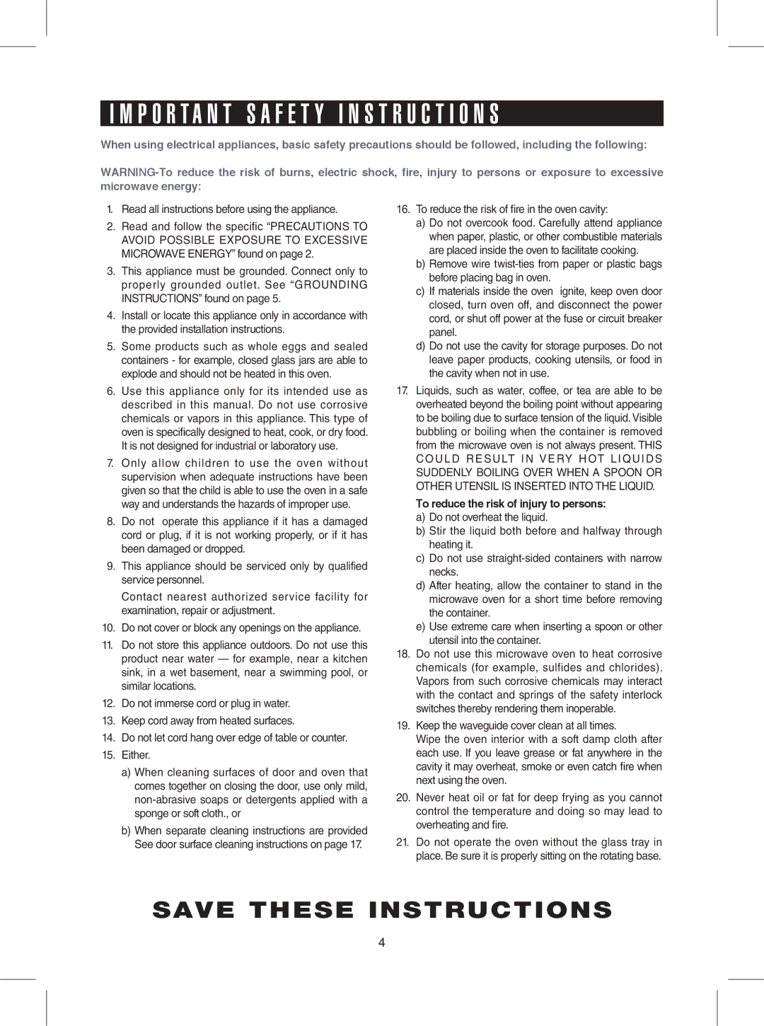 Sharp R-309YK, R-309YW Read all instructions before using the appliance, To reduce the risk of fire in the oven cavity 