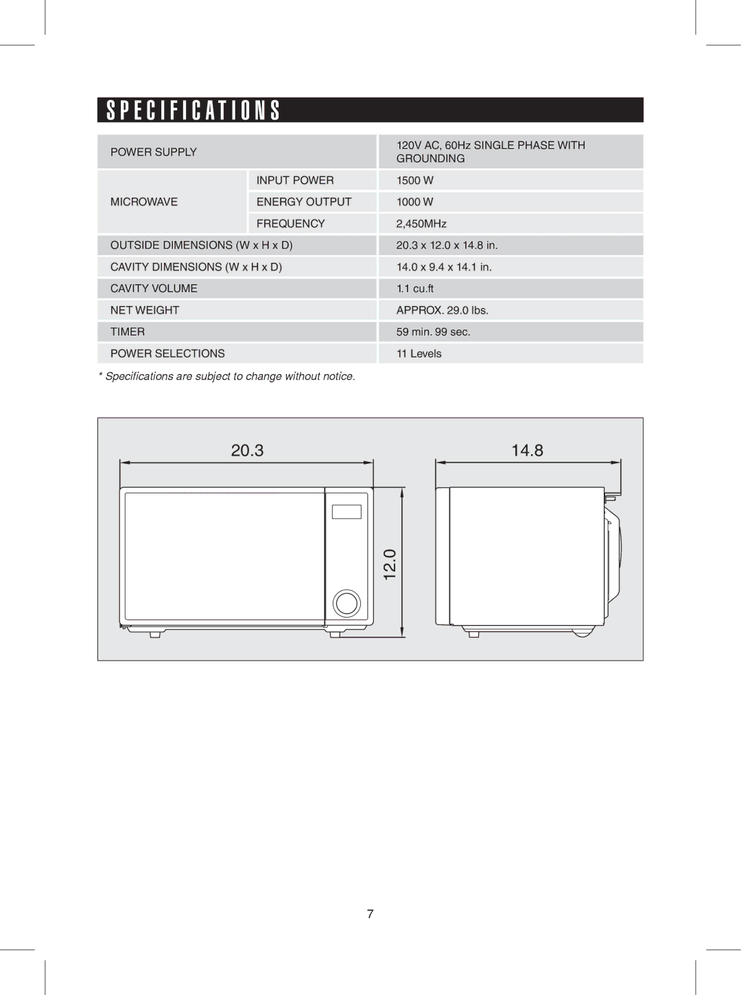 Sharp R-309YV, R-309YK, R-309YW warranty Specification S 