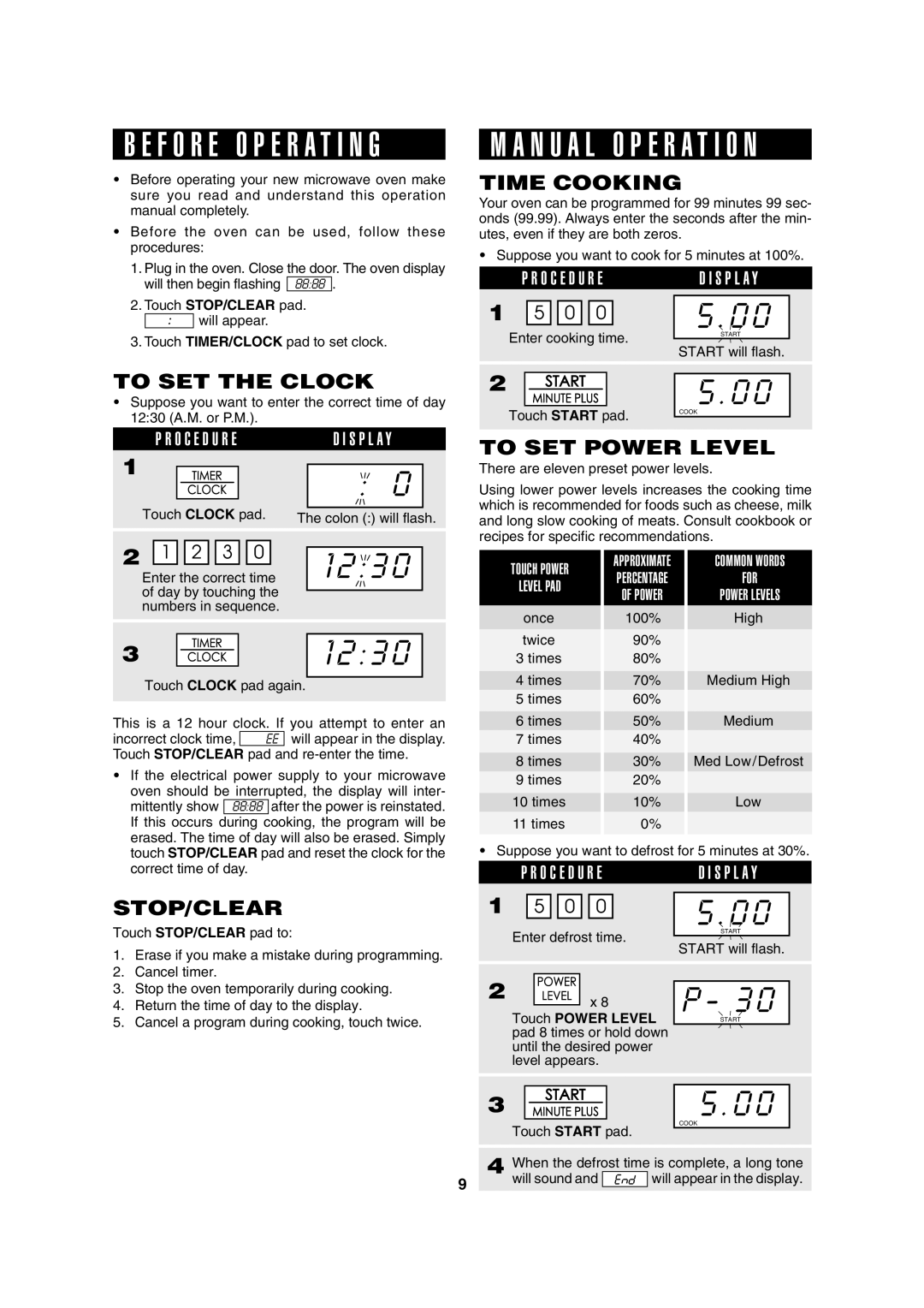 Sharp R-310H operation manual To SET the Clock, Time Cooking, Stop/Clear, To SET Power Level, O C E D U R ED I S P L a Y 