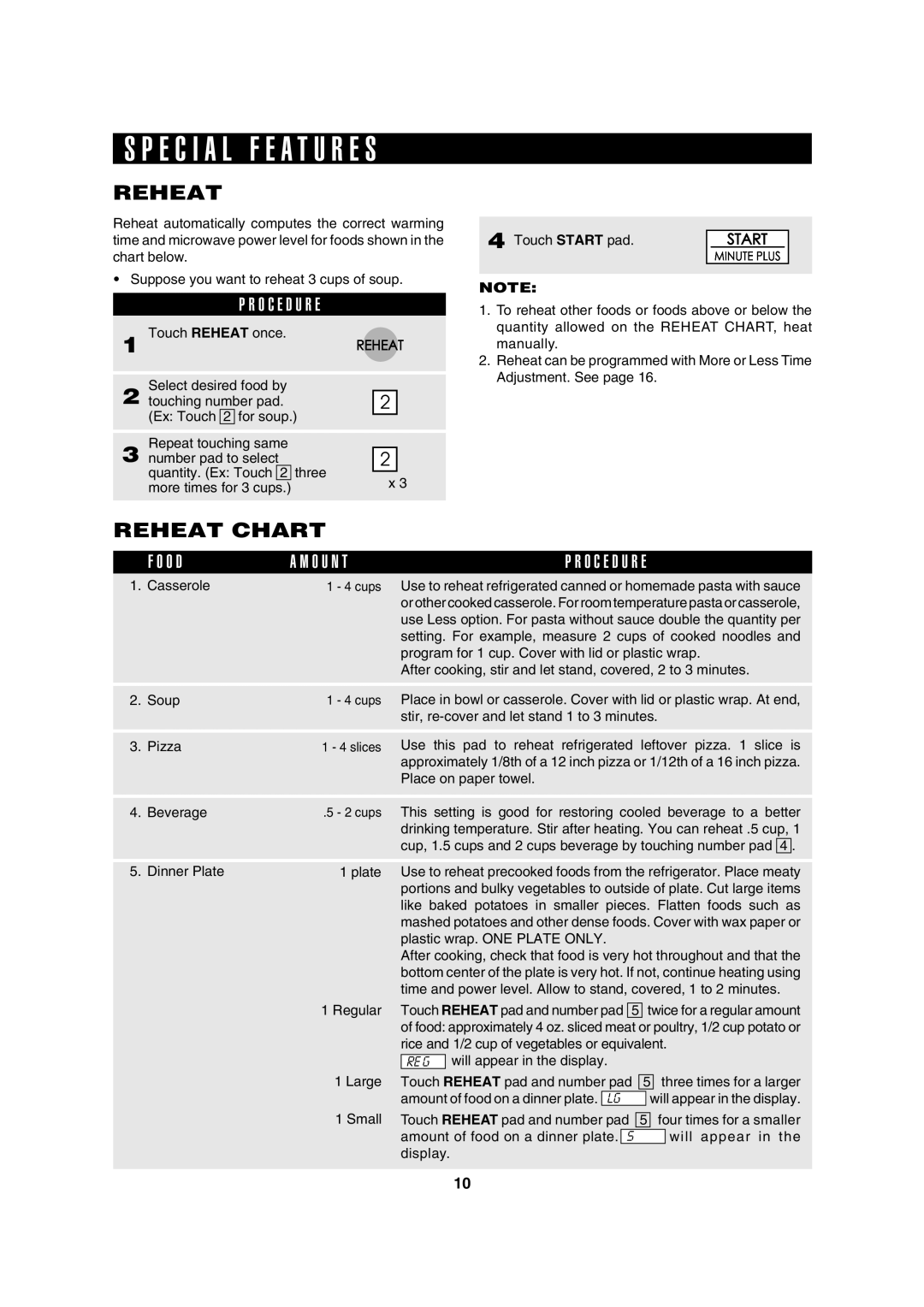 Sharp R-310H operation manual E C I a L F E a T U R E S, Reheat Chart, O D O U N T O C E D U R E 