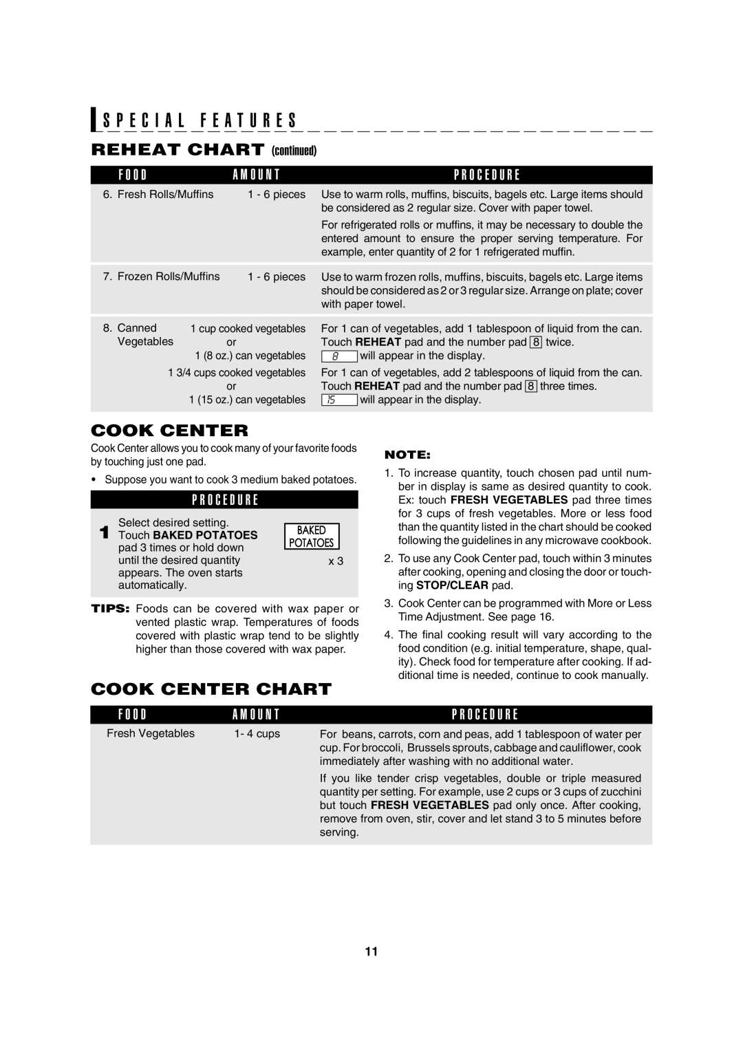 Sharp R-310H operation manual Cook Center Chart, O U N T O C E D U R E, Touch Baked Potatoes 