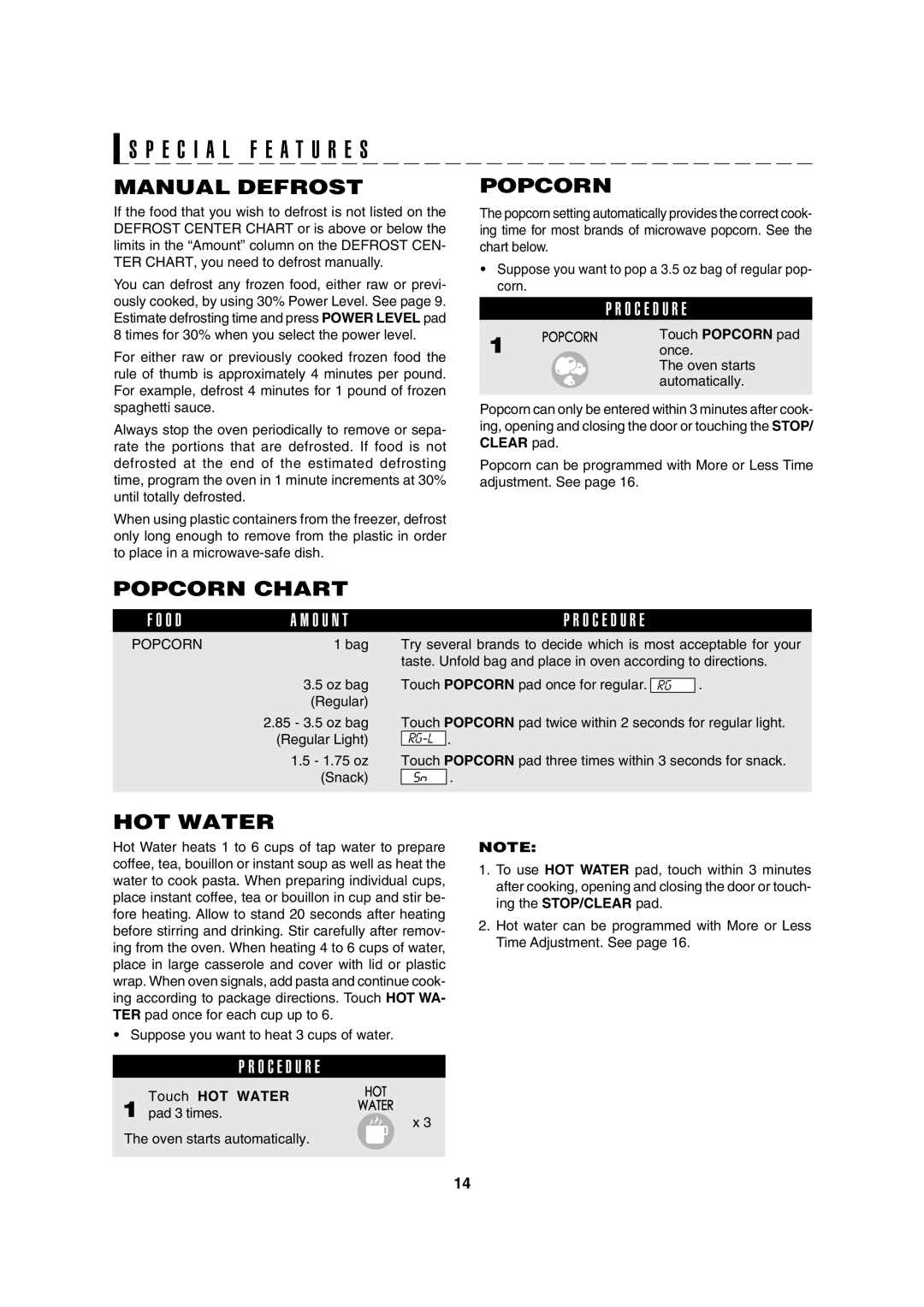 Sharp R-310H operation manual Manual Defrost, Popcorn Chart, Touch HOT Water 