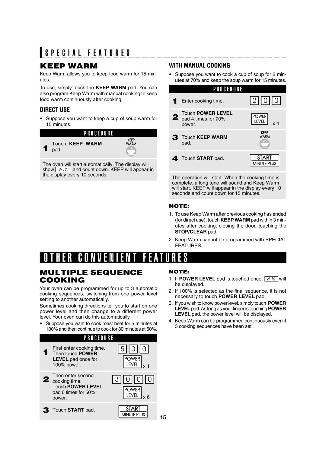 Sharp R-310H operation manual H E R C O N V E N I E N T F E a T U R E S, Multiple Sequence Cooking, Touch Keep Warm 