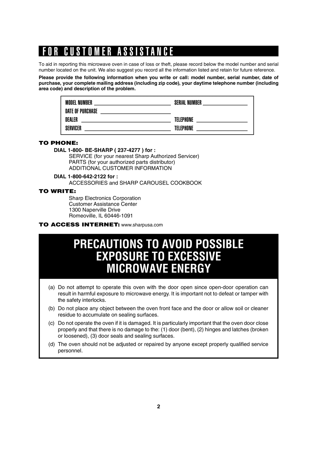 Sharp R-310H operation manual R C U S T O M E R a S S I S T a N C E, To Phone 