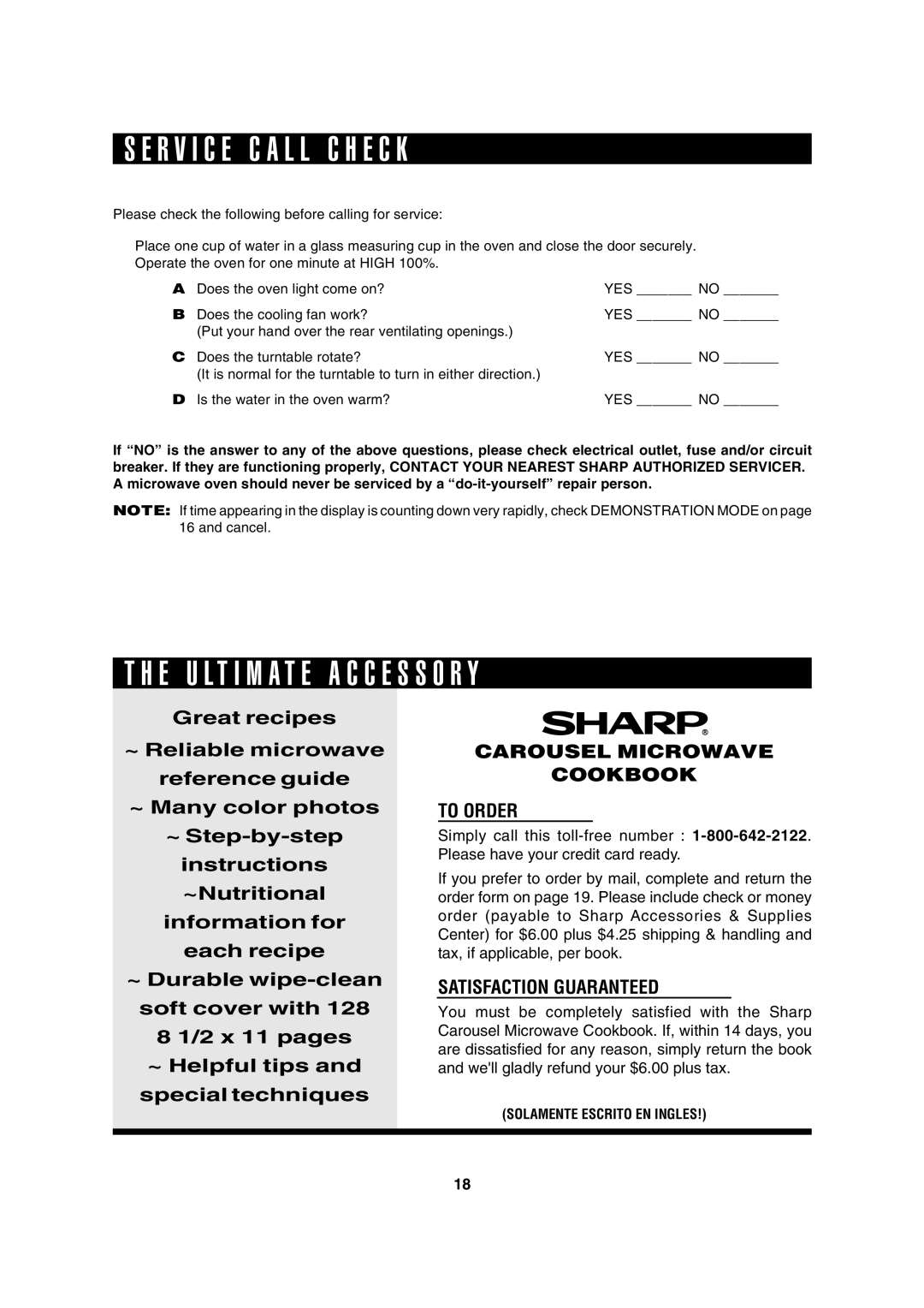 Sharp R-310H operation manual R V I C E C a L L C H E C K, E U L T I M a T E a C C E S S O R Y 