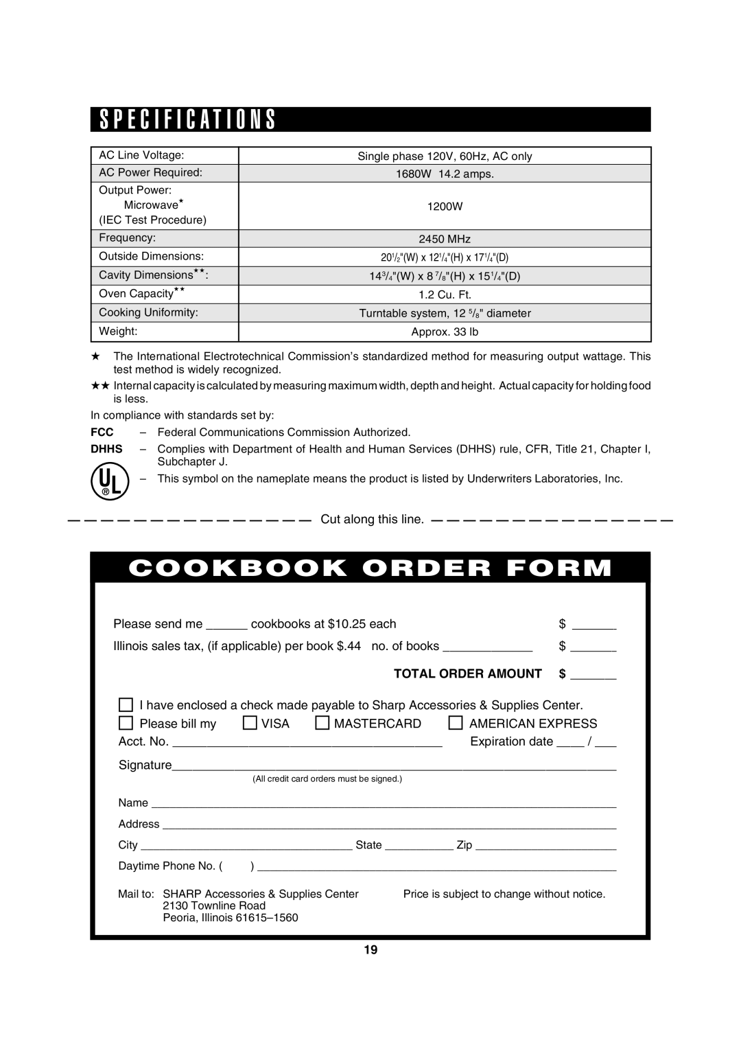 Sharp R-310H operation manual Specification S, Dhhs 