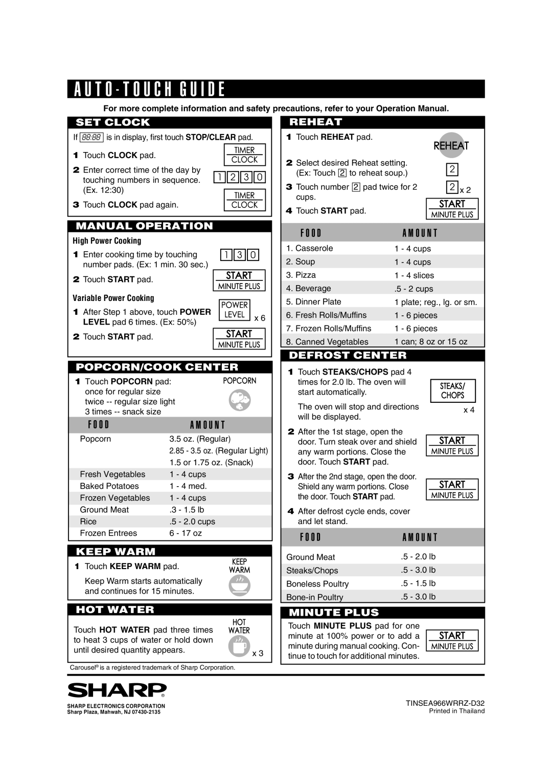 Sharp R-310H operation manual High Power Cooking, Touch Popcorn pad, Touch STEAKS/CHOPS pad 