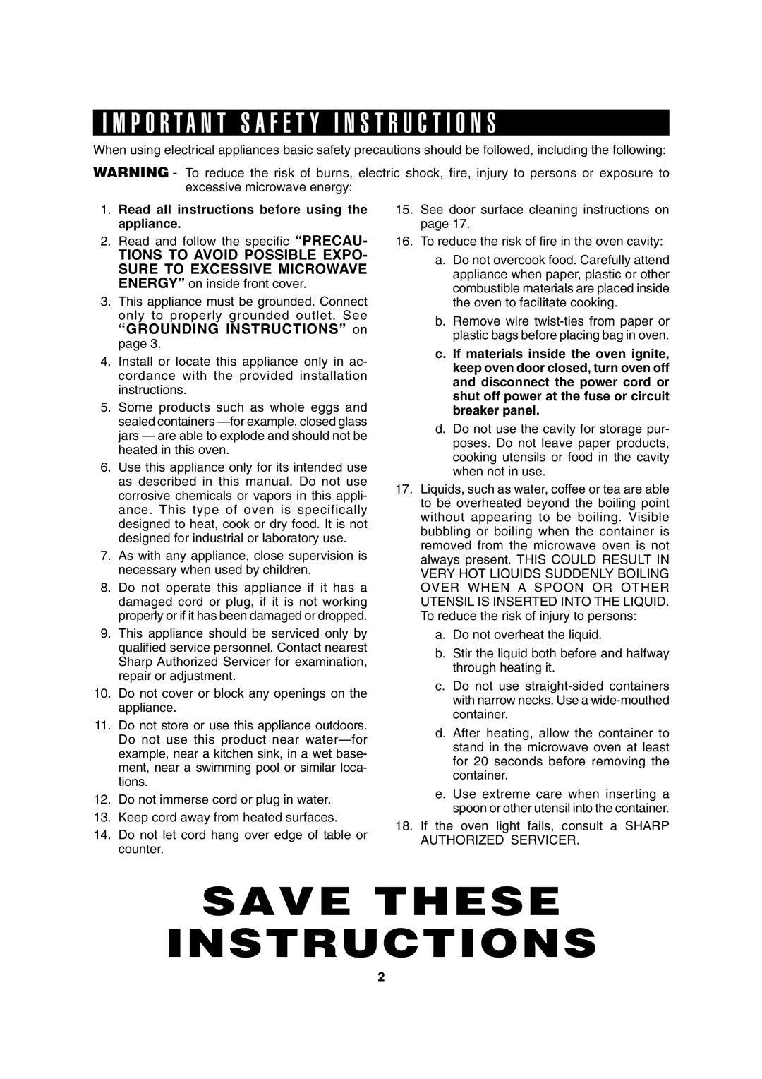 Sharp R-310H operation manual Save These Instructions 