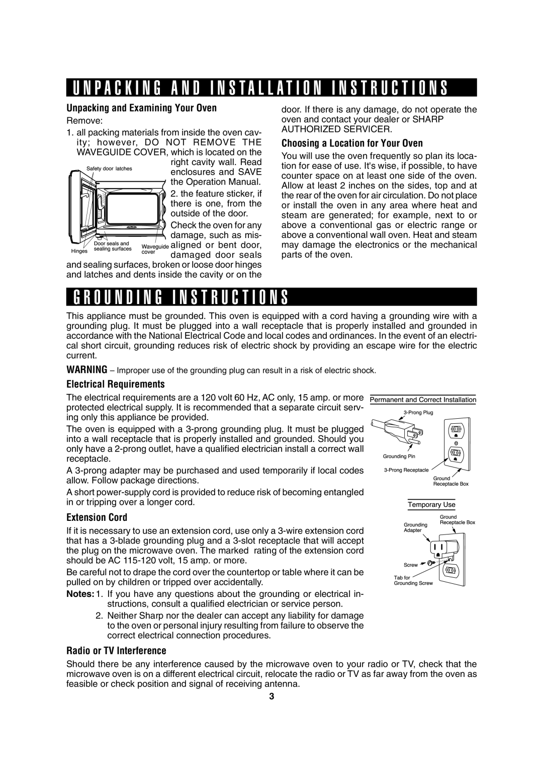 Sharp R-310H O U N D I N G I N S T R U C T I O N S, P a C K I N G a N D Installation I N S T R U C T I O N S 