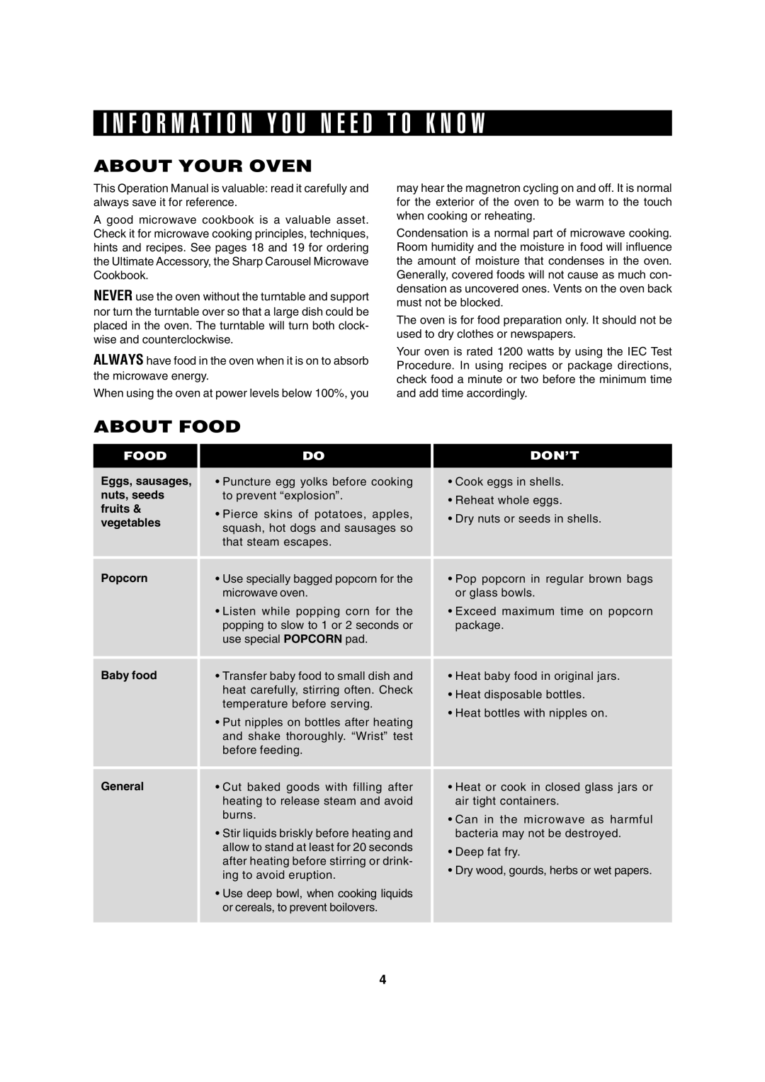 Sharp R-310H operation manual About Your Oven, About Food 