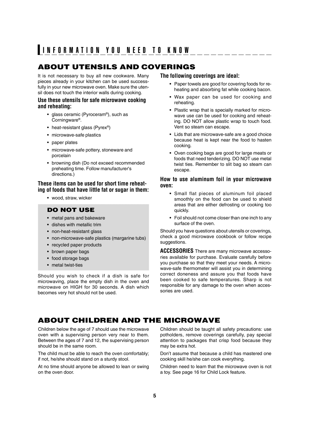 Sharp R-310H operation manual About Utensils and Coverings, About Children and the Microwave 