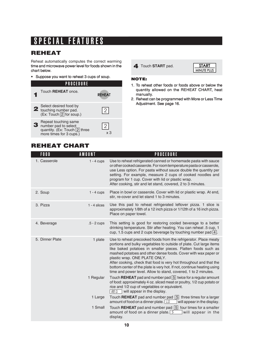 Sharp R-310H operation manual S P E C I A L F E A T U R E S, Reheat Chart 