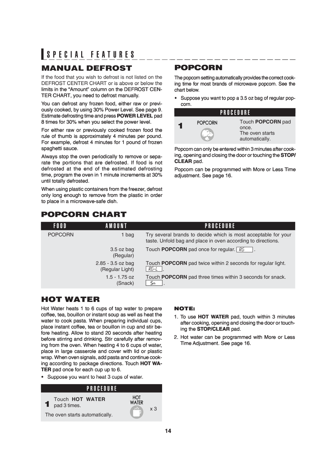 Sharp R-310H operation manual Manual Defrost, Popcorn Chart, Hot Water, S P E C I A L F E A T U R E S, Touch HOT WATER 