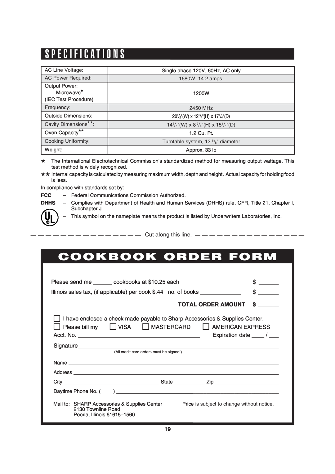 Sharp R-310H operation manual S P E C I F I C A T I O N S, Cookbook Order Form, Total Order Amount 
