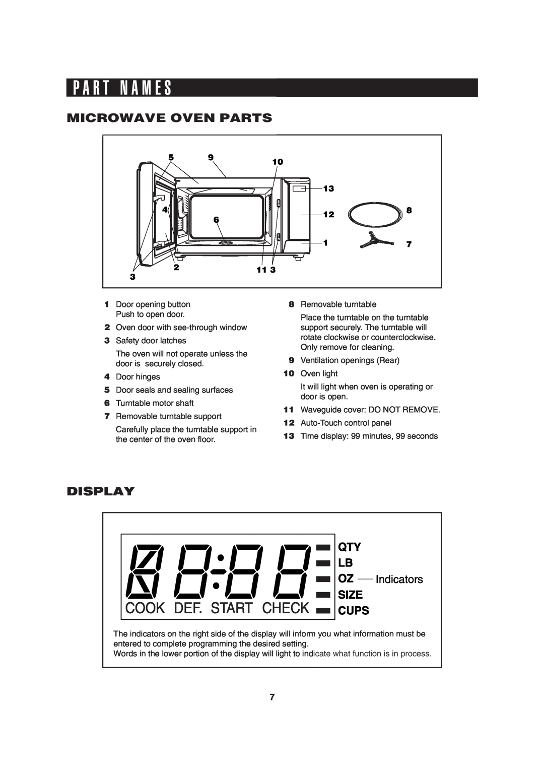 Sharp R-310H operation manual P A R T N A M E S, Microwave Oven Parts, Display, Indicators 
