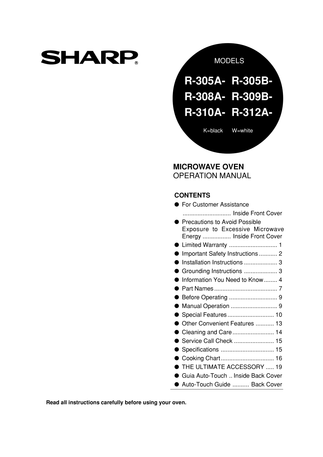 Sharp R-305A, R-308A, R-310A operation manual 305A- R-305B 308A- R-309B 310A- R-312A 