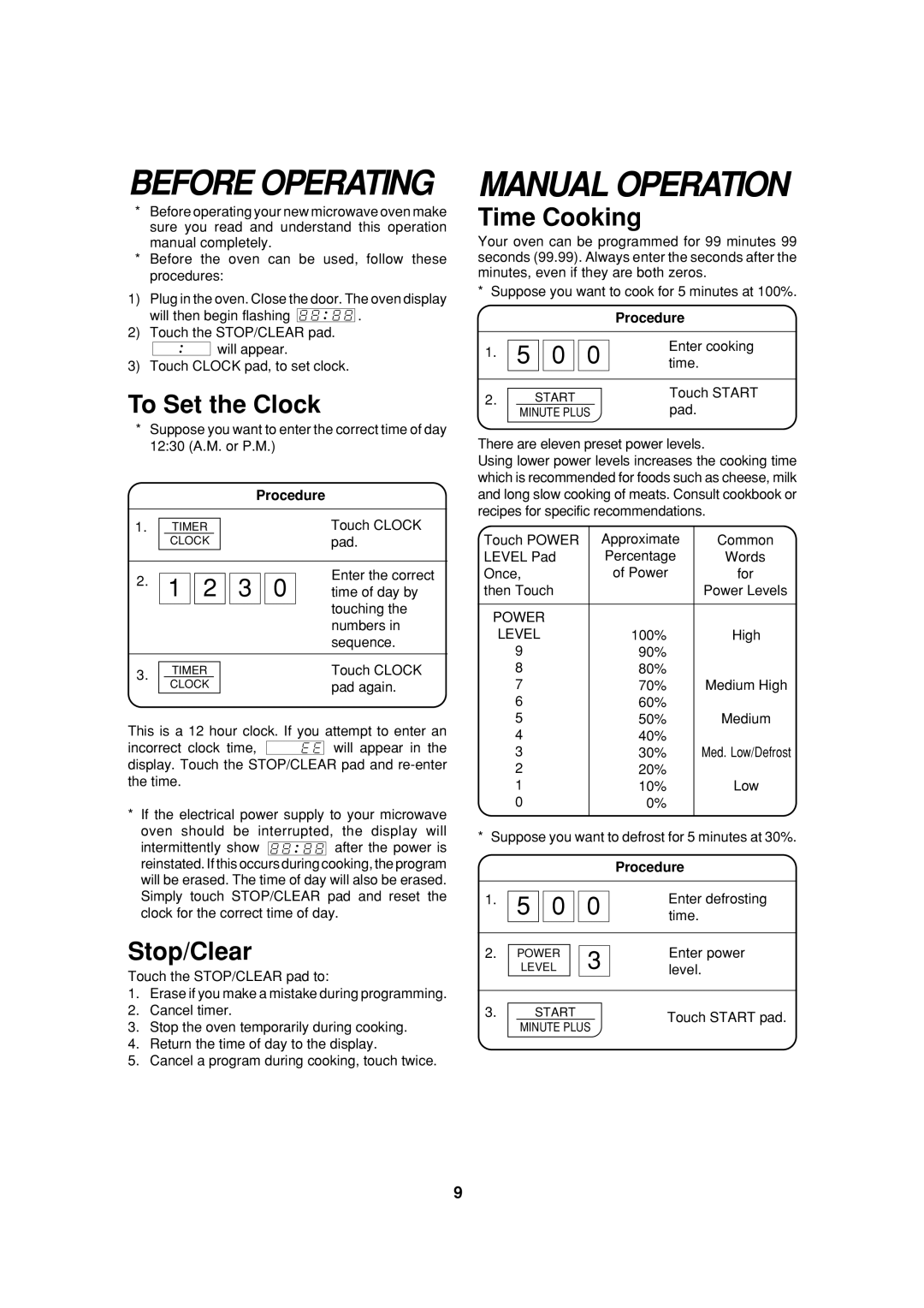 Sharp R-305B, R-312A, R-305A, R-308A, R-309B, R-310A operation manual Before Operating, Manual Operation, Procedure, Power Level 