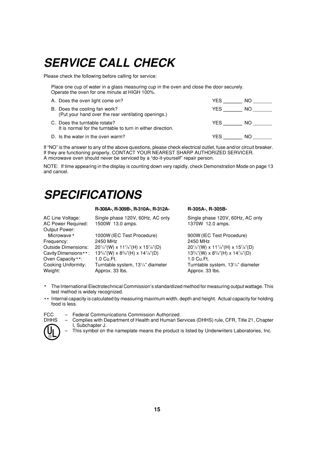 Sharp R-305A, R-308A Service Call Check, Specifications, 308A-, R-309B-, R-310A-, R-312A 305A-, R-305B, Fcc, Dhhs 