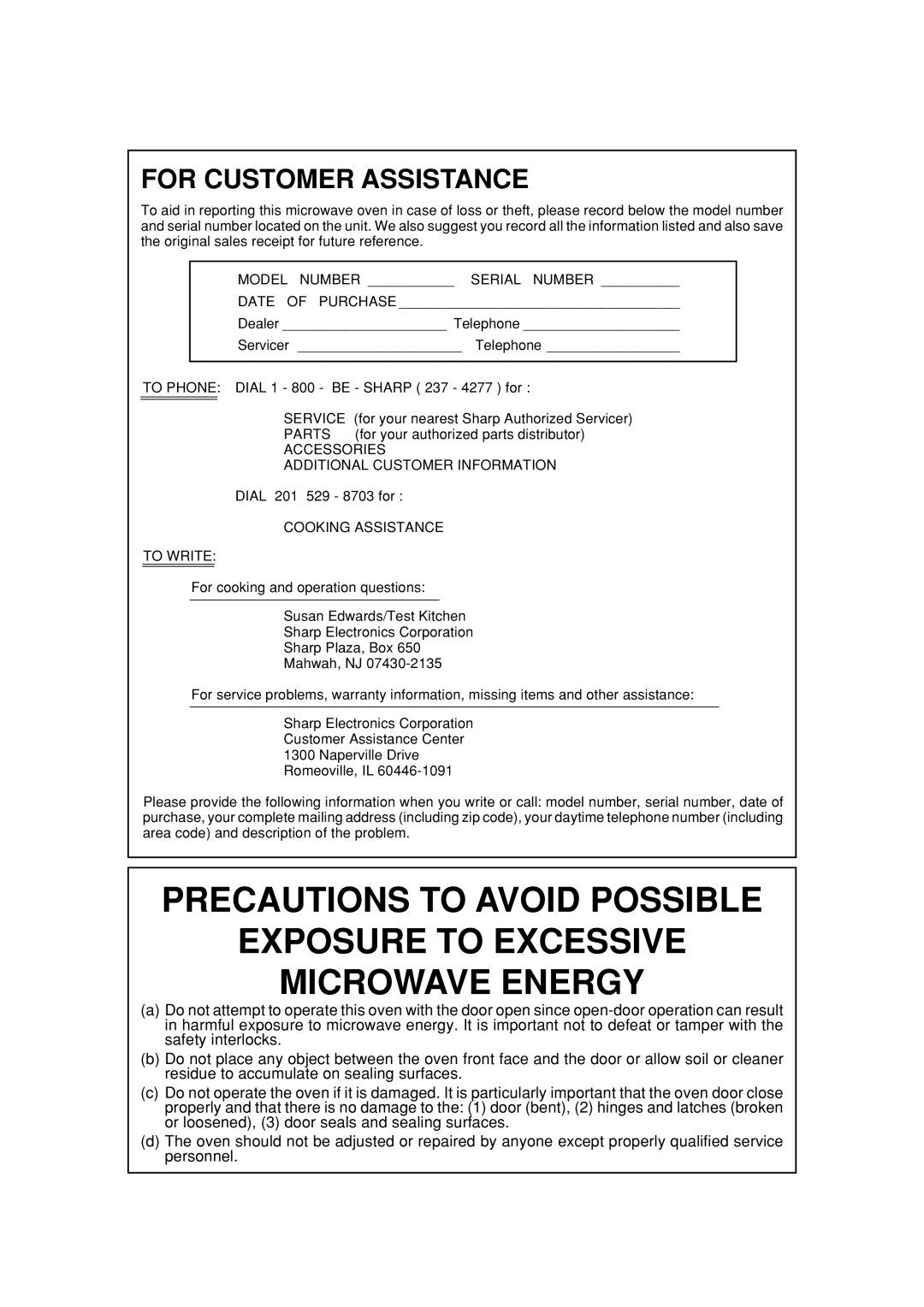 Sharp R-308A, R-312A Accessories Additional Customer Information, Dial 201 529 8703 for, Cooking Assistance To Write 