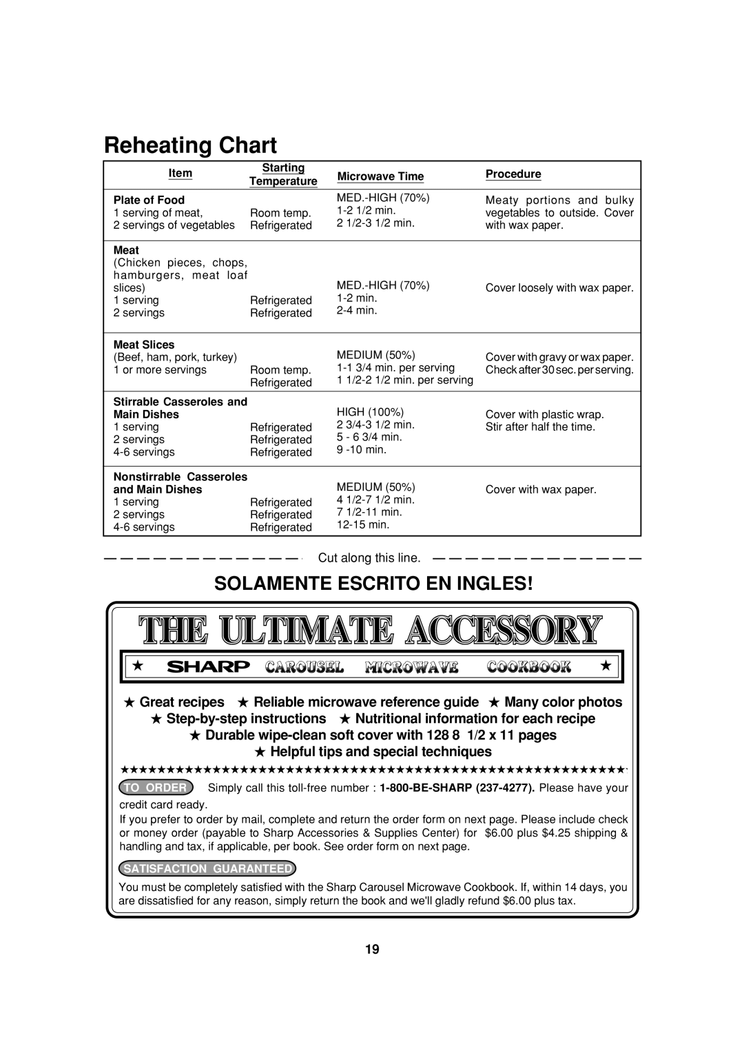 Sharp R-309B, R-312A, R-305A, R-308A, R-310A, R-305B operation manual Reheating Chart, Many color photos 