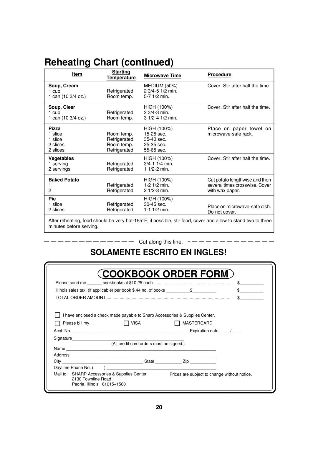 Sharp R-310A, R-312A Starting Microwave Time Procedure Temperature Soup, Cream, Soup, Clear, Pizza, Baked Potato, Pie 