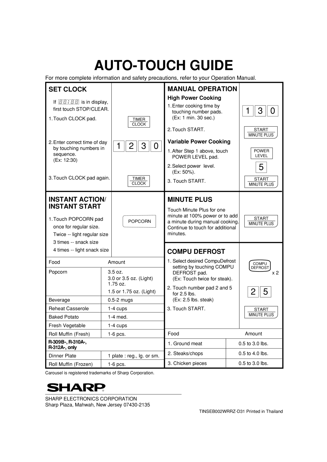 Sharp R-312A, R-305A High Power Cooking, Variable Power Cooking, 309B-, R-310A, 312A-, only, Sharp Electronics Corporation 