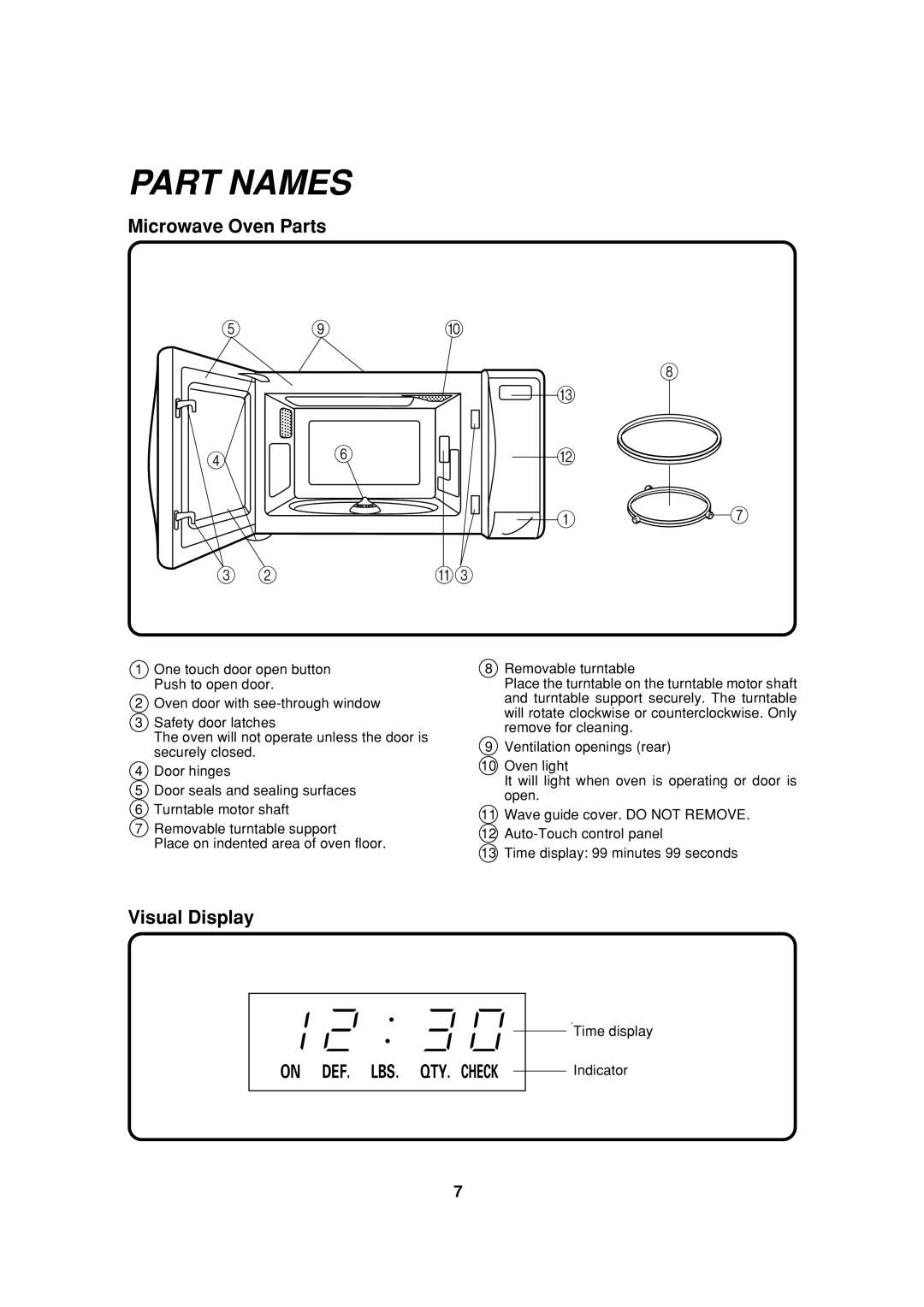 Sharp R-309B, R-312A, R-305A, R-308A, R-310A, R-305B Part Names, Microwave Oven Parts, Visual Display, Time display Indicator 