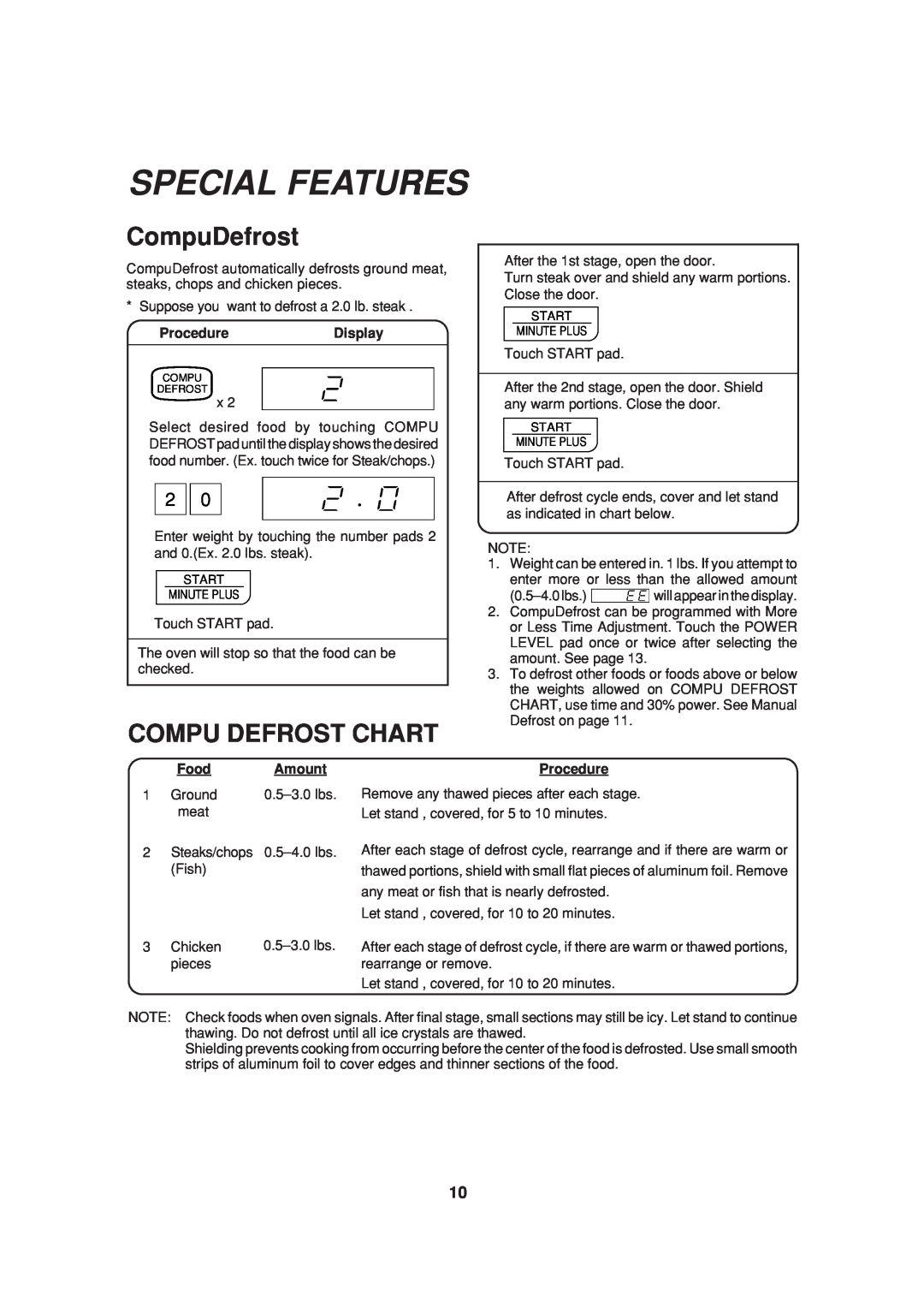 Sharp R-312A, R-305A, R-308A, R-309B, R-310A, R-305B operation manual Special Features, CompuDefrost, Compu Defrost Chart 