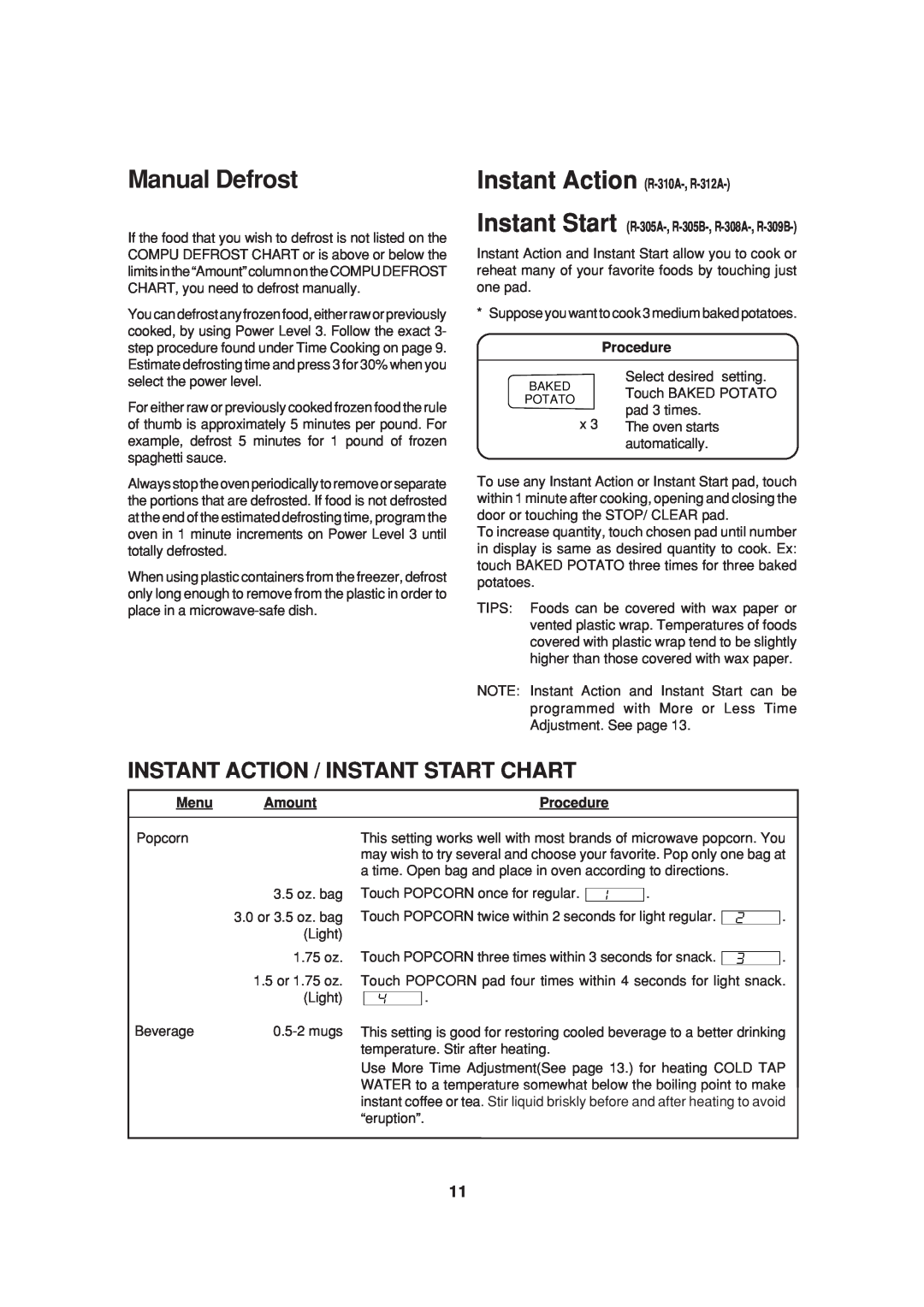 Sharp R-305A, R-312A, R-308A, R-309B, R-310A, R-305B operation manual Manual Defrost, Instant Action / Instant Start Chart 