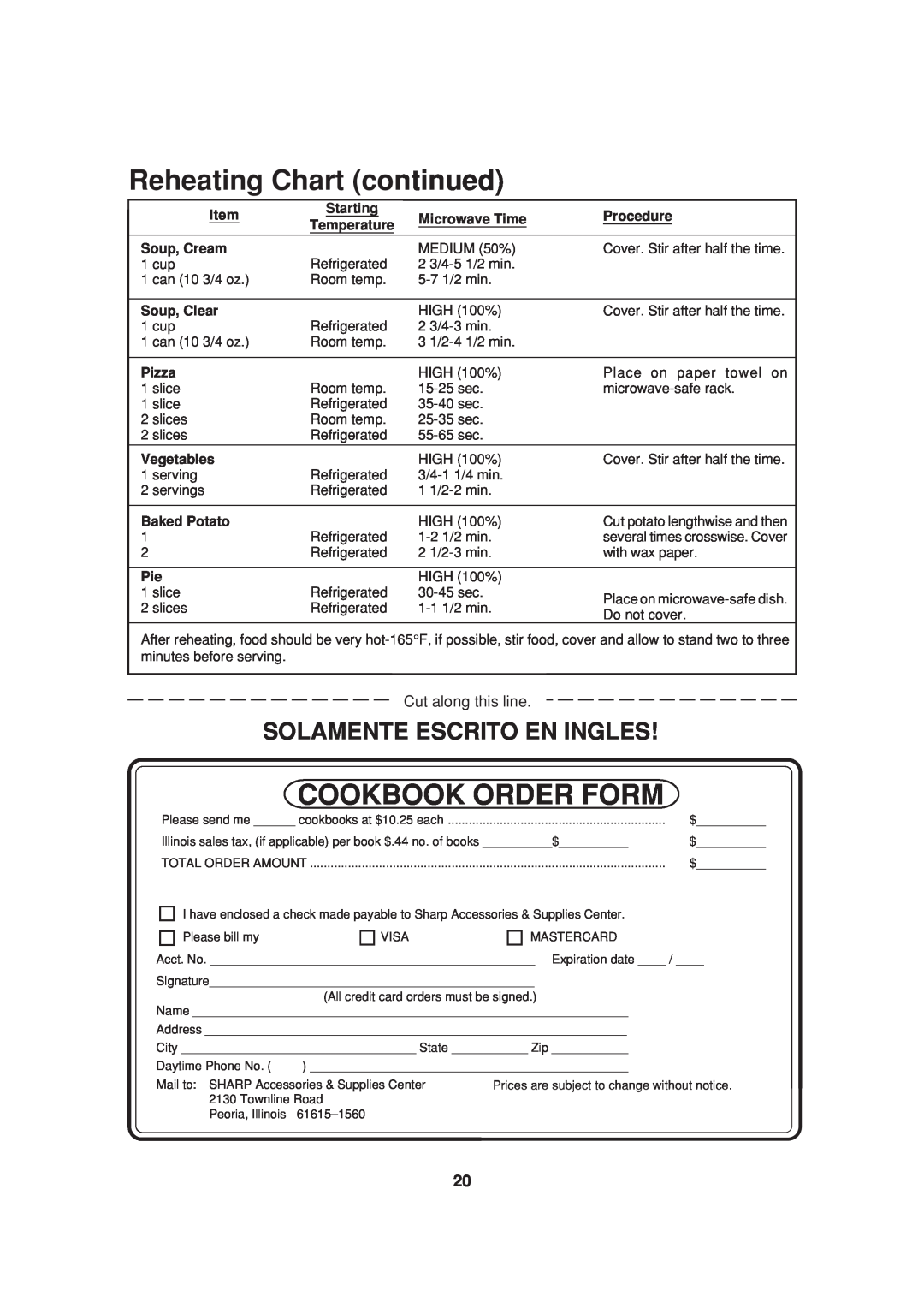 Sharp R-310A, R-312A, R-305A, R-308A, R-309B Reheating Chart continued, Cookbook Order Form, Solamente Escrito En Ingles 