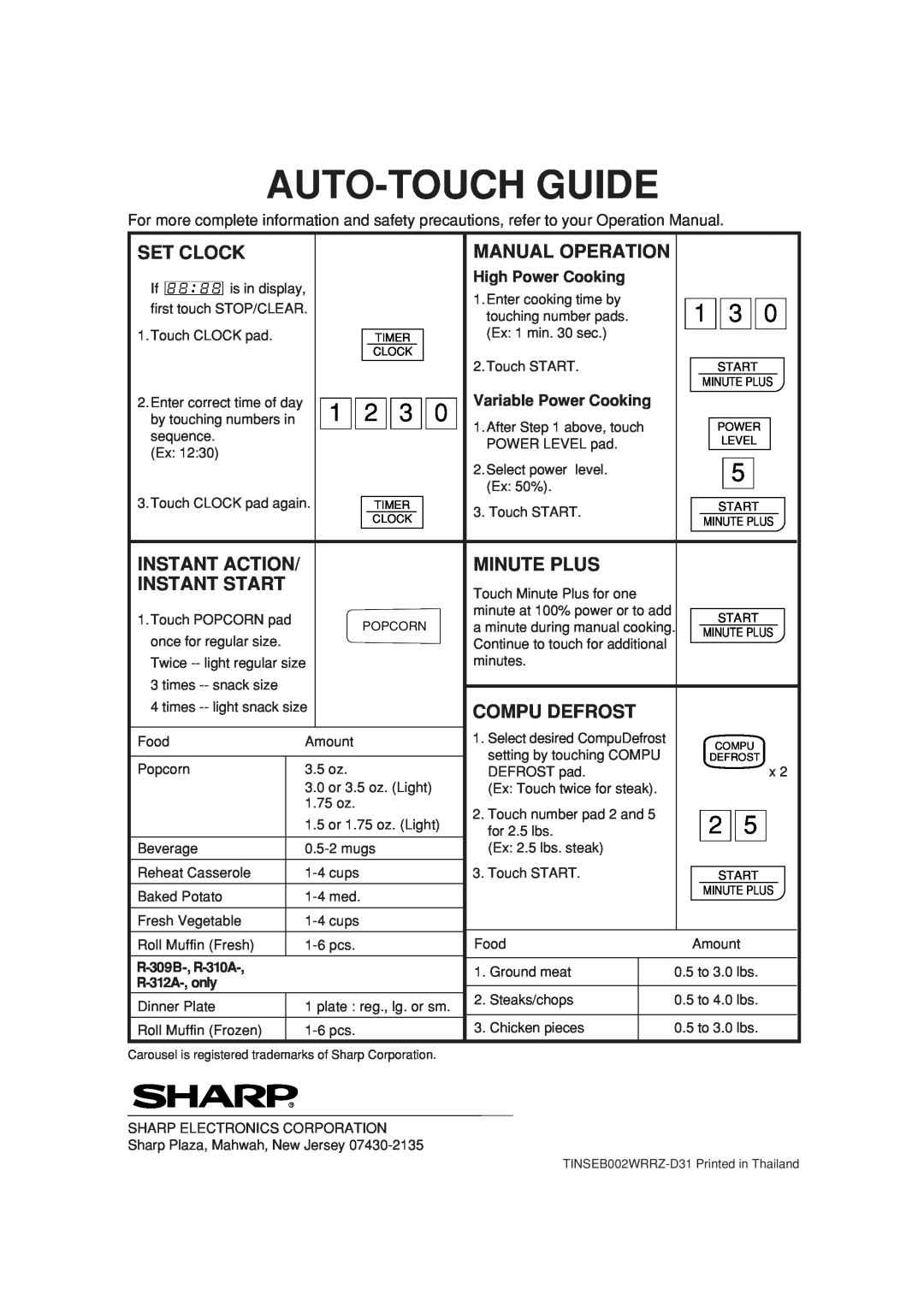 Sharp R-312A Auto-Touch Guide, Set Clock, Manual Operation, Minute Plus, Instant Start, Compu Defrost, Instant Action 